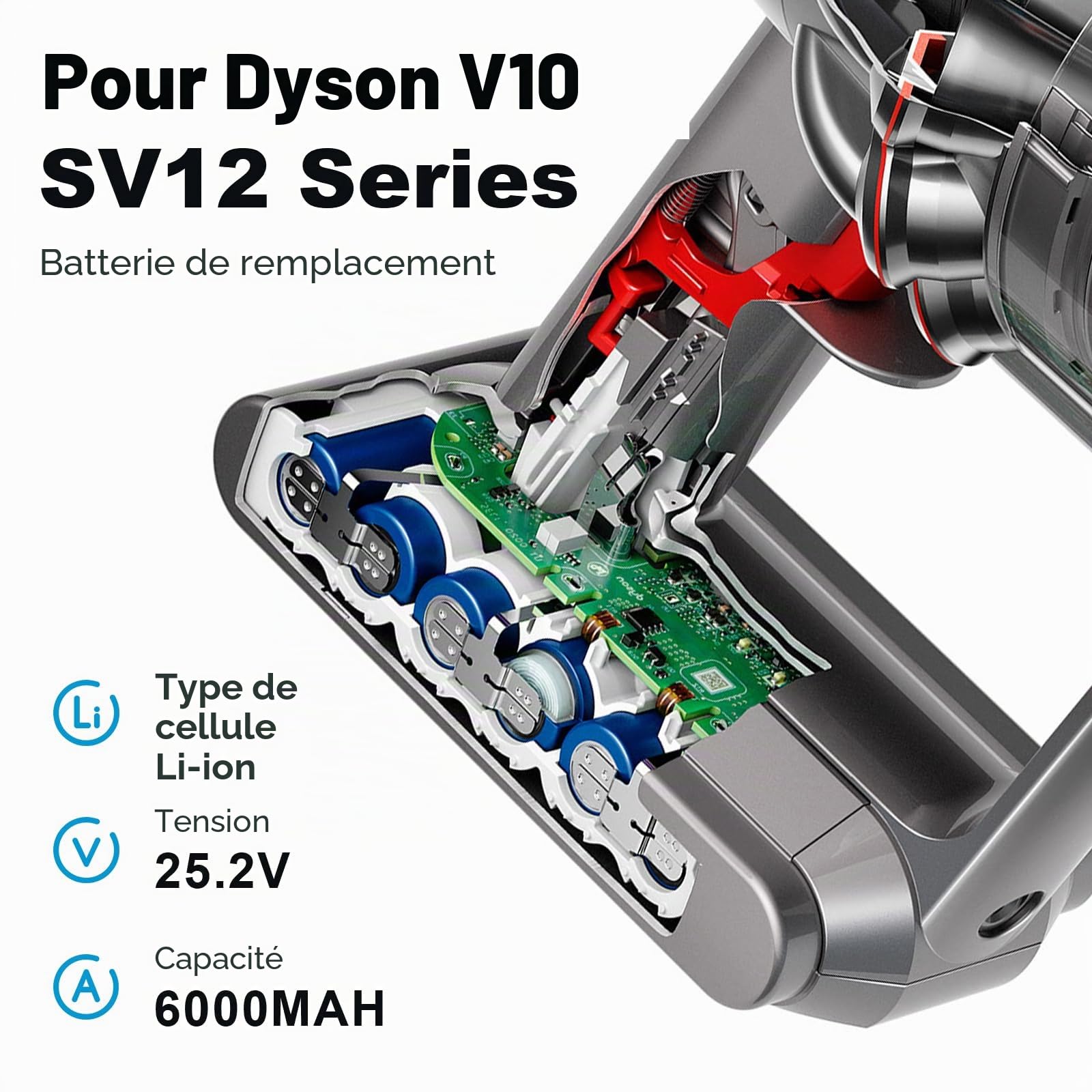 Batterie de Rechange 25,2V 6.0Ah V10 pour aspirateur sans Fil Dyson V10 Animal Absolute Motörhead Fluffy SV12 Total Batterie Li-ION Dyson V109 (Filtre Gratuit + 1 Brosse)