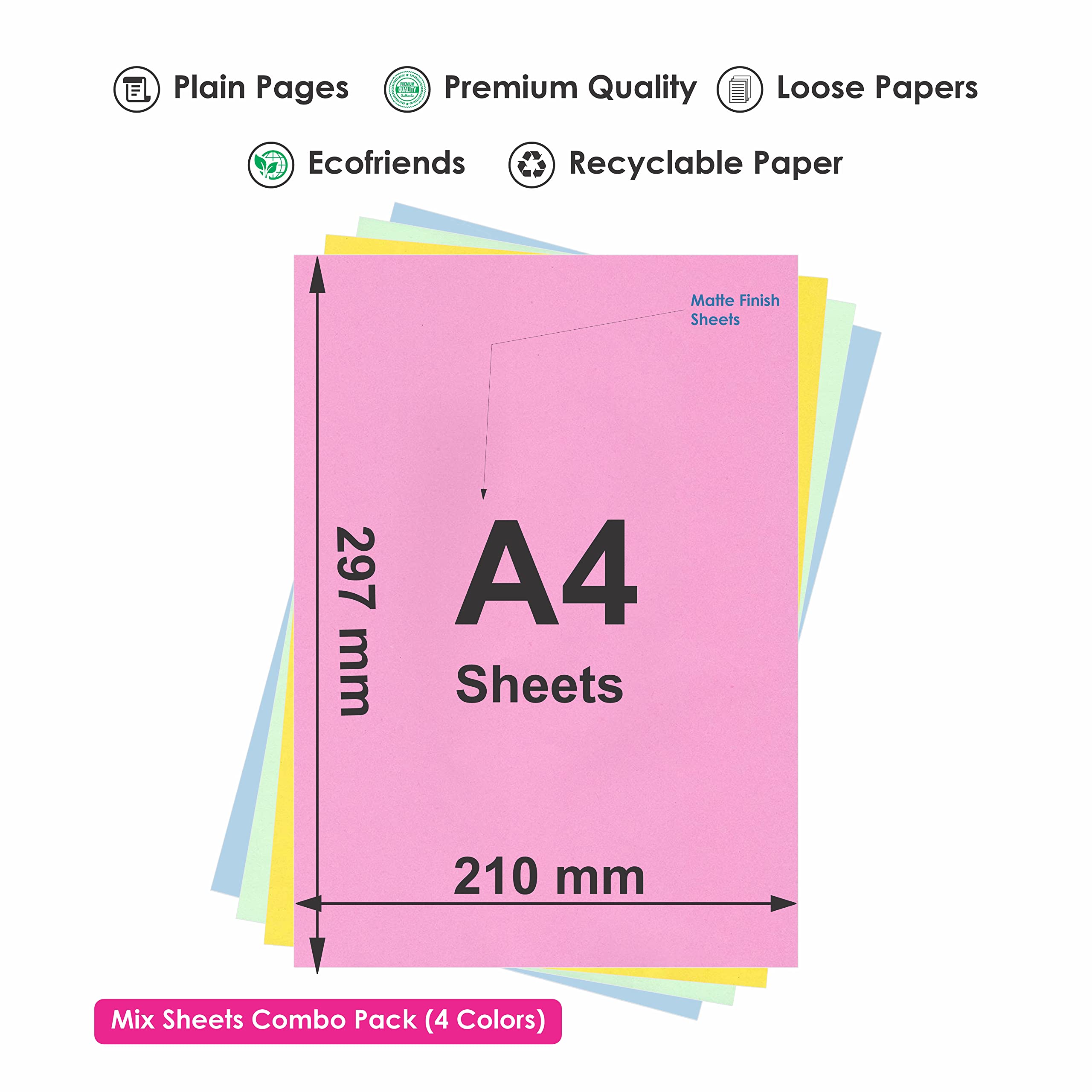 ESCAPER Paquete combinado de papel de color tamaño A4, 500 hojas de papel de color para impresión, manualidades y proyectos, 125 hojas cada una en rosa, menta, limón y aguamarina