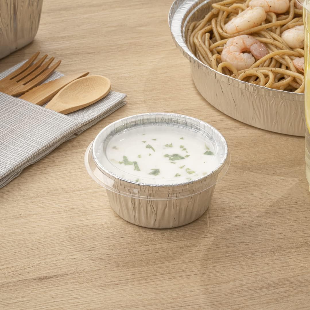 Restaurantware-LIDS ONLY: Foil Lux Lids For 4-Ounce Ramekins, 100 Round Creme Brulee Cup Lids - Cups Sold Separately, Disposable, Clear Plastic Lids For Baking Cup,