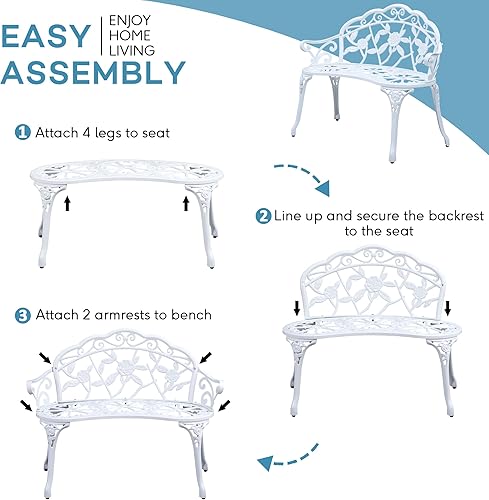 Miniatura 4 de Patio Premier 213052 - Banco de jardín con rosas para exteriores, hierro fundido y marco de aluminio, color blanco