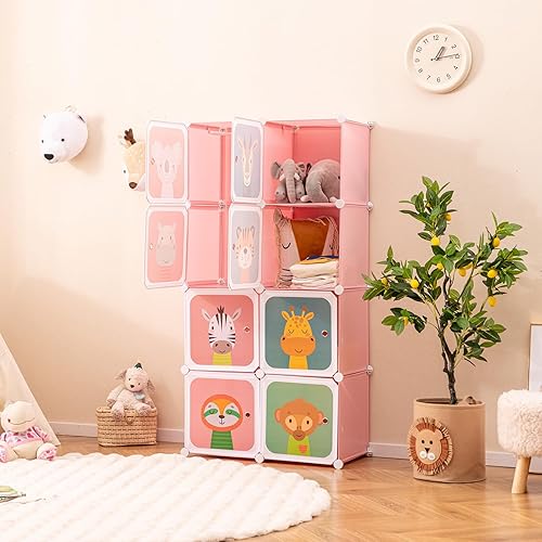 Miniatura 9 de Costzon Armario para niños, organizador modular de almacenamiento de tocador de dibujos animados con 8 cubos y estante para colgar ropa, armario