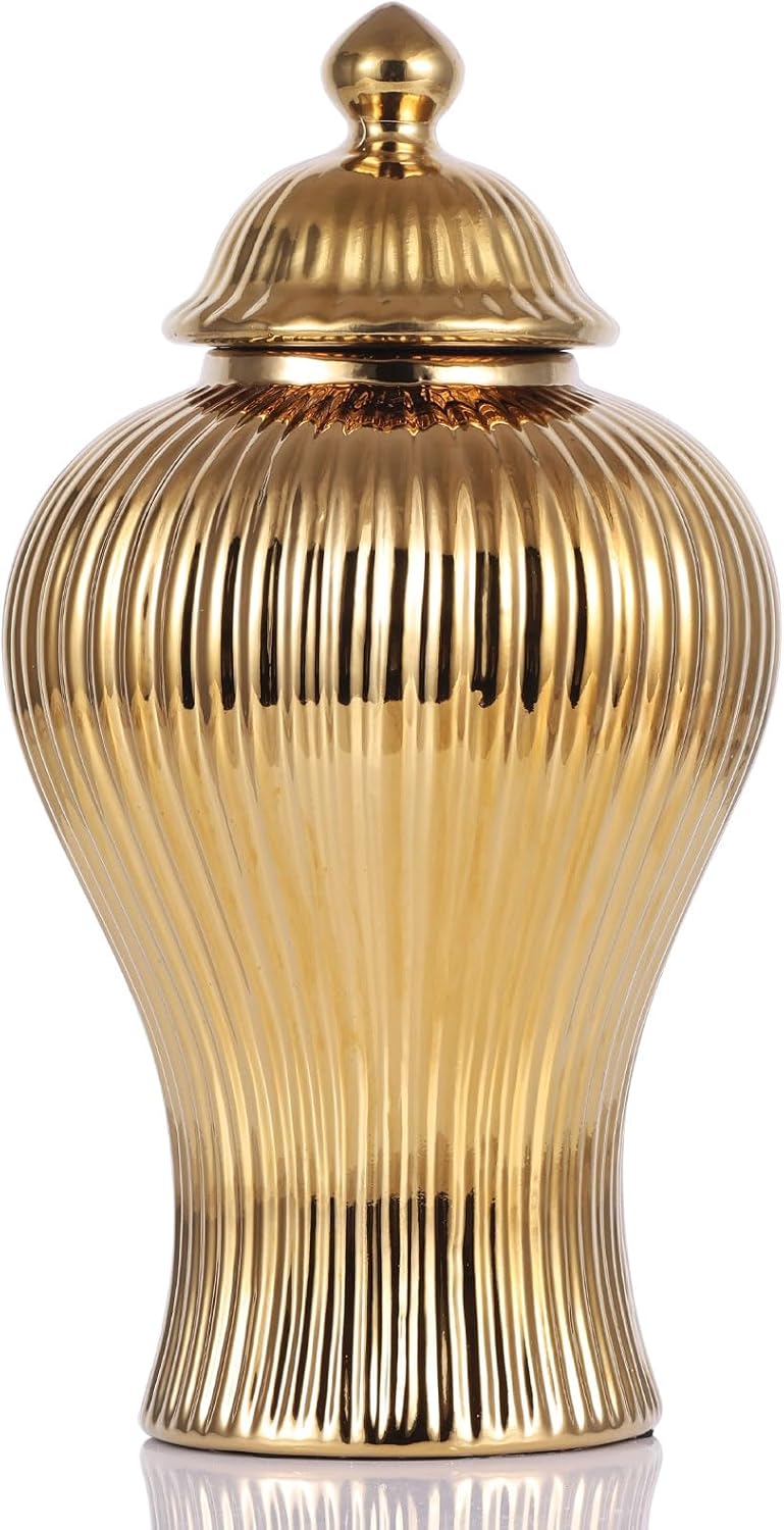 16.5" Gold Ceramic Ginger Jar Vase with Lid - Modern Luxury Ceramic Decoration Gold Ginger Jars for Home Decor, Living Room, Kitchen, Dining Table, Cabinet, Bookshelf Decor, Storage Jar