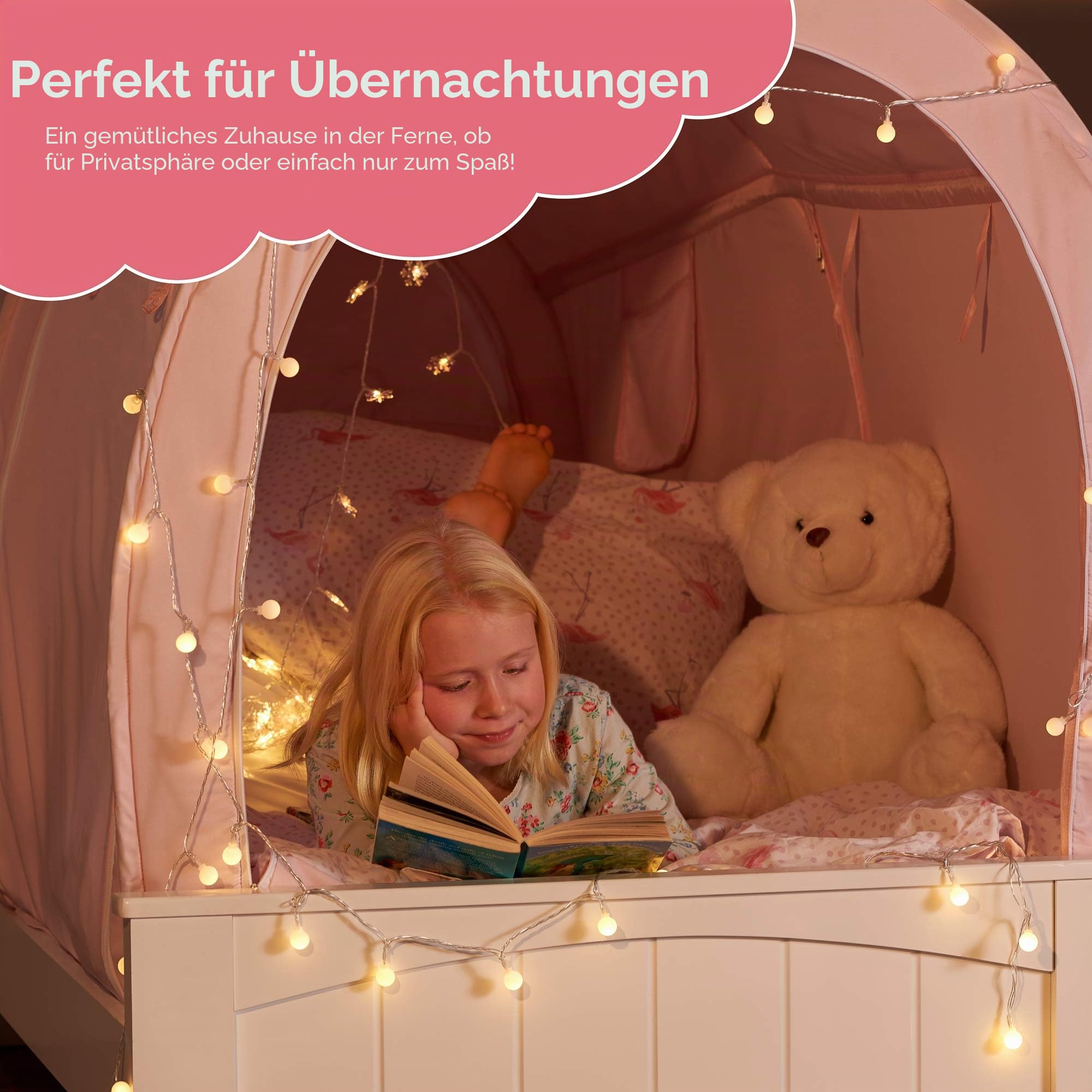 Snuggy Betthimmel - Kinderzelt, Sichtschutz für Kinder I Baldachin Kinderzimmer, tragbares atmungsaktives Gewebe I Faltbares Design für Jungen und Mädchen I Indoorzelt (Rosa, Einzelbett)
