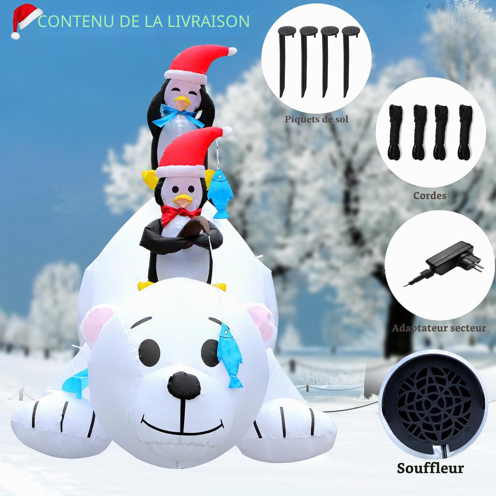 Aimosen 1.8 M Décoration Noël Gonflable, Ours Polaire Pingouins Gonflable LED Décoration de Noël, 6 FT Gonflable de Noël avec Lumières Intérieur/Extérieur, Décoration de Noël pour Jardin