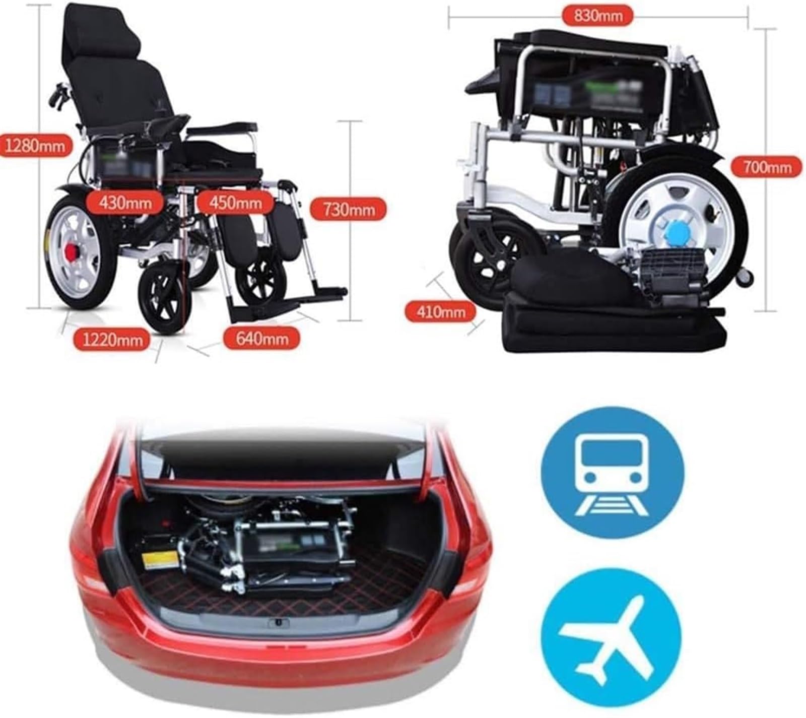 Silla de ruedas eléctrica plegable con respaldo reclinable y motor dual, silla de movilidad ligera para viajes en tránsito