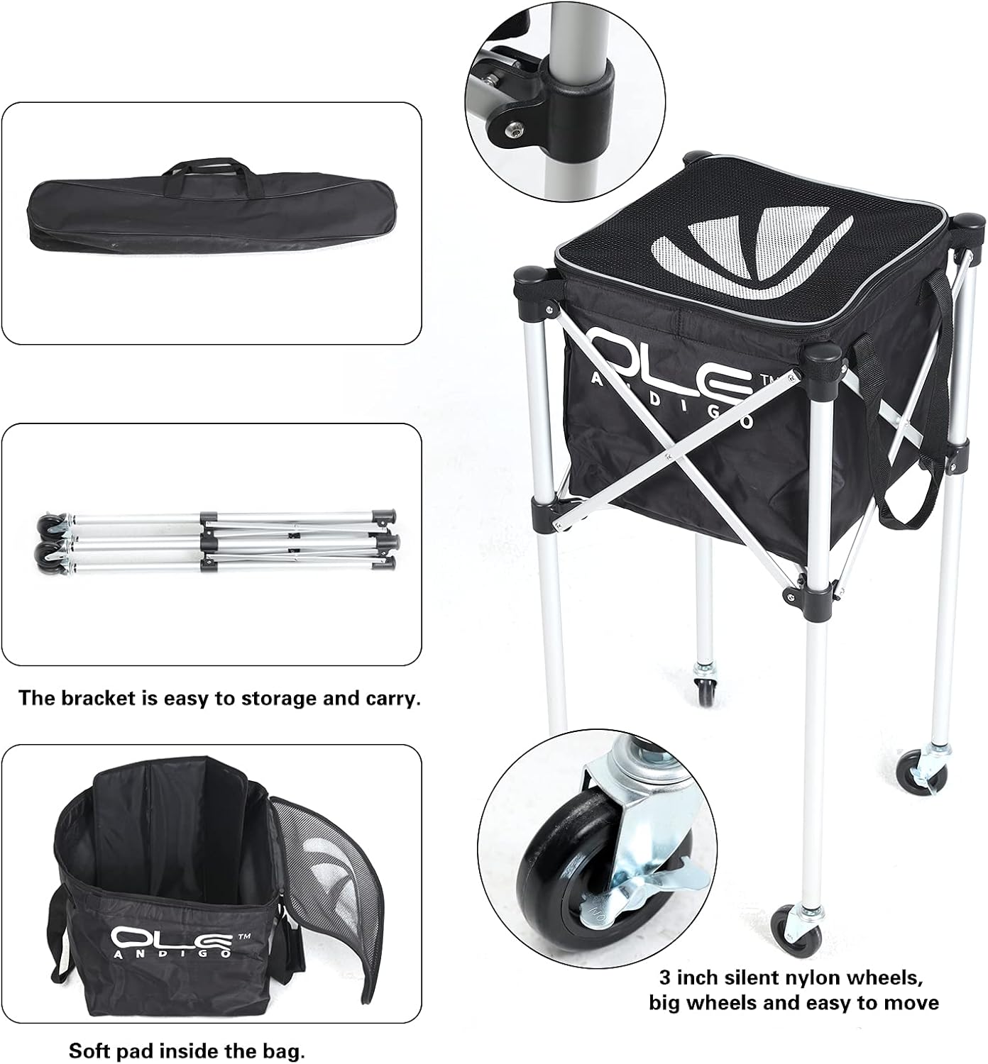 OLE ANDIGO Tennis Ball Cart, Tennis Ball Hopper Basket, Tennis Ball Basket, Tennis Hopper Basket, Tennis Ball Hopper with Wheels, Hold Up to 160 Balls, Portable, Lightweight, Carry Bag Included : Sports & Outdoors