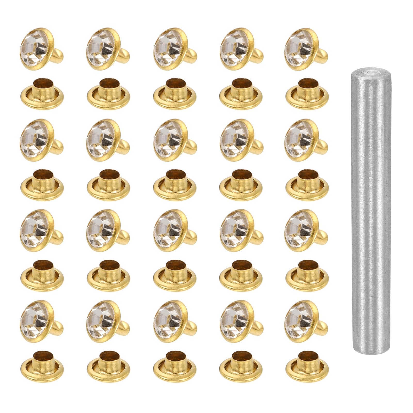 sourcing map 100pcs Crystal Rivets 8mm Rhinestone Rapid Stud Rivets with Steel Installation Tool for Clothing Leather Fabric Arts Crafts Decoration Leathercraft, Gold White