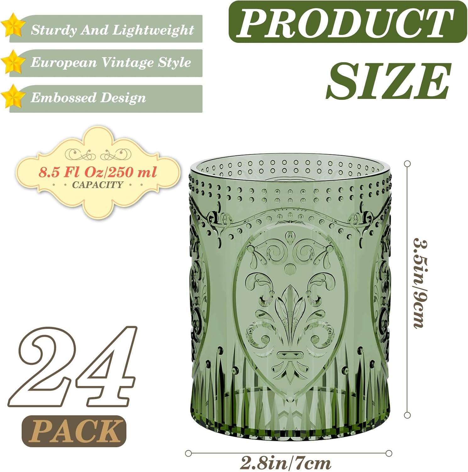 Qinyoung 24 Plastic Vintage Drinking Glasses 8.5oz Stemless Retro Embossed Wine Glasses Shatterproof Reusable Cups for Baby Shower Wedding Reception Grand Event Party (Dark Green)