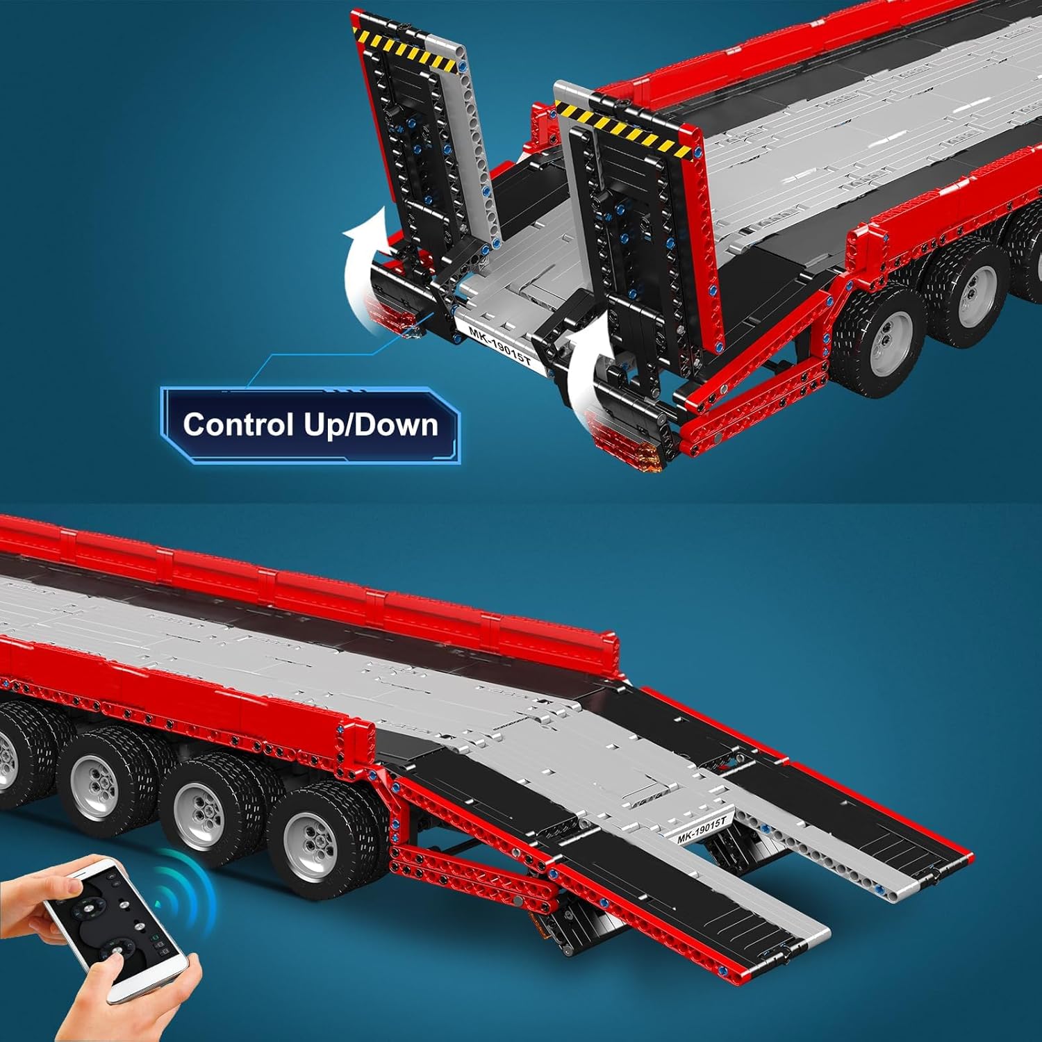 Image showing the rear ramps of the Mould King 19015T Trailer Truck in both raised and lowered positions, with arrows indicating control for up/down movement.