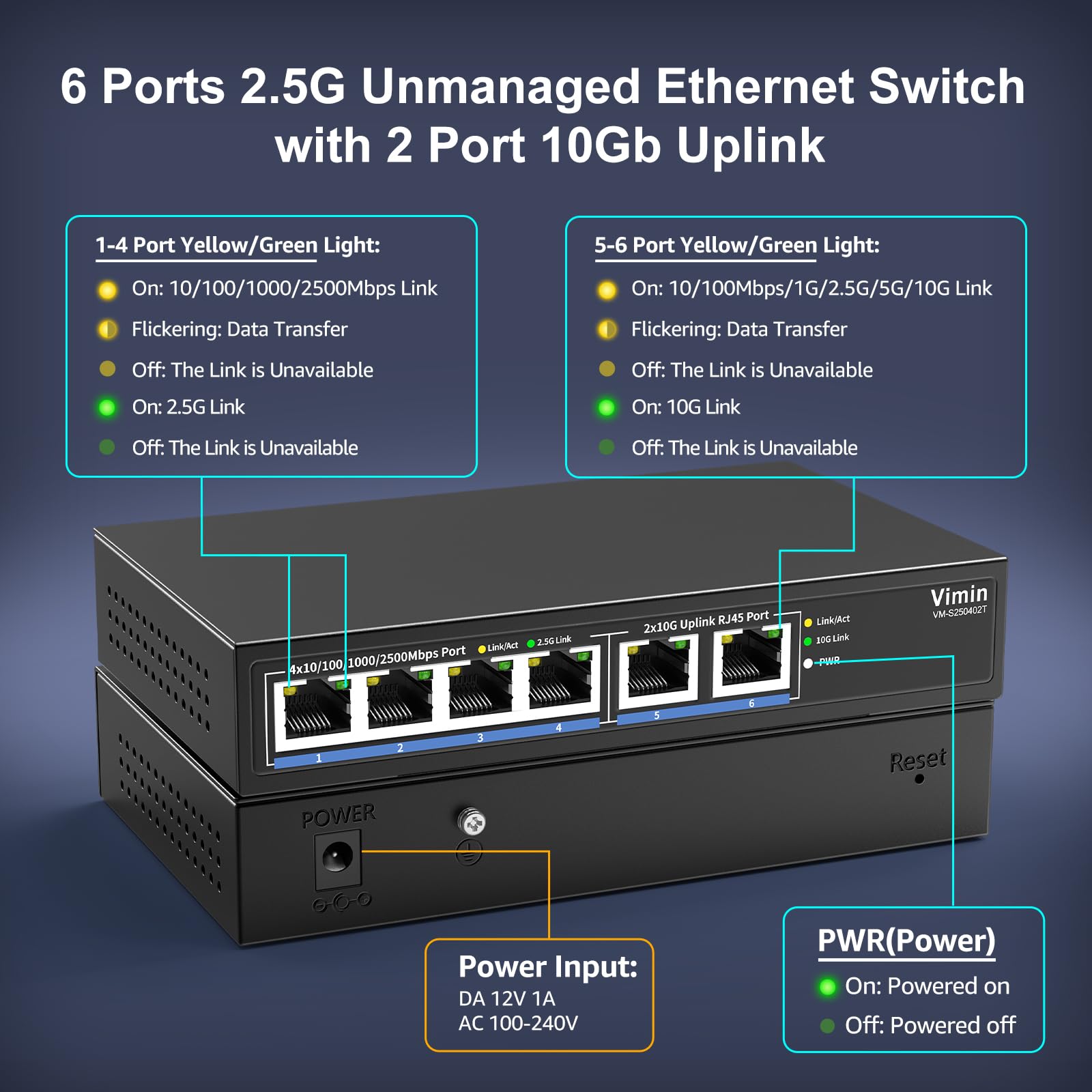 10Gb Unmanaged Ethernet Switch avec 4*2.5G Base-T Ports, 6 Ports 10G/2,5G avec 2*10GBASE-T Commutateur Réseau Non Géré, Capacité 60 Gbit/s, Network Switch Multi-Gigabit de Bureau/Mural pour NAS, PC