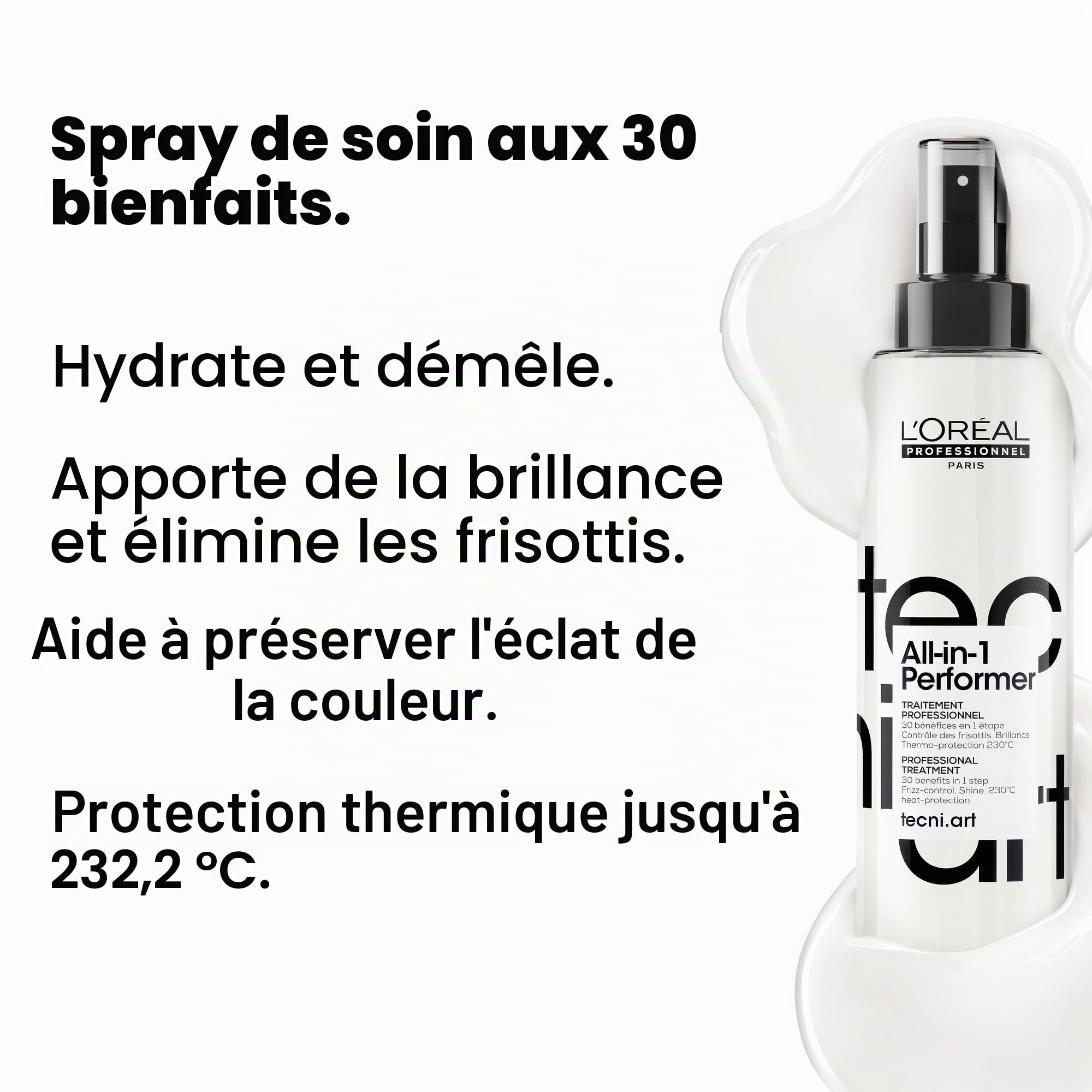 L’OREAL PROFESSIONNEL - Spray Coiffant Tenue 24H - Homme & Femme - Soin Sans Rinçage Multi-Bénéfices - Thermoprotecteur - Anti Frisottis - Cheveux Brillants - Tecni Art All-In-1 Performer - 190 ml