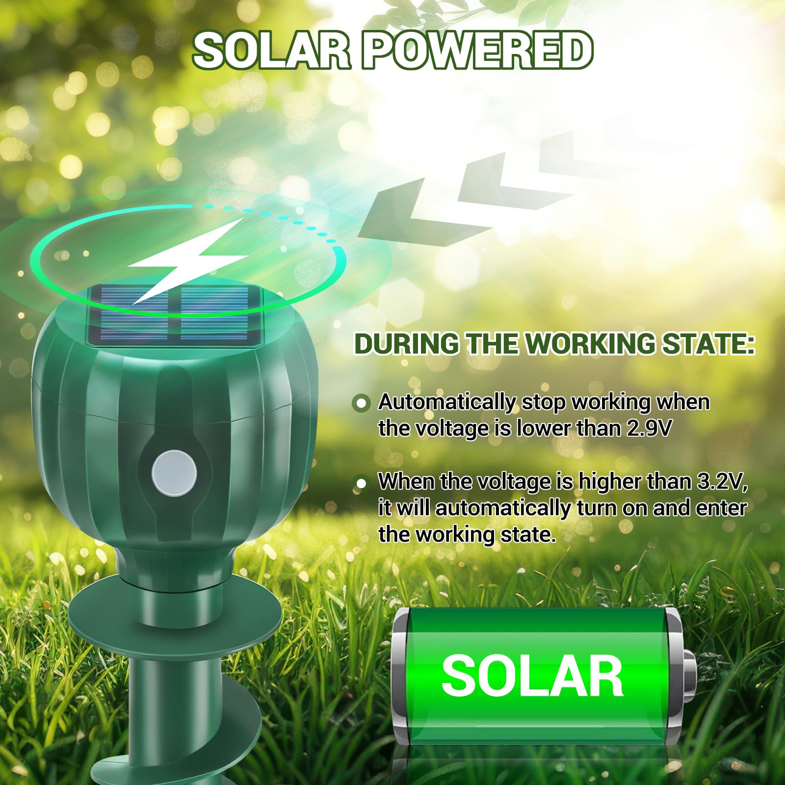 Repelente de topos alimentado por energía solar, 3 modos, impermeable IPX7, repelente ultrasónico de topos para uso en exteriores, disuasorio de picos sónicos para topos, marmotas, ardillas en césped