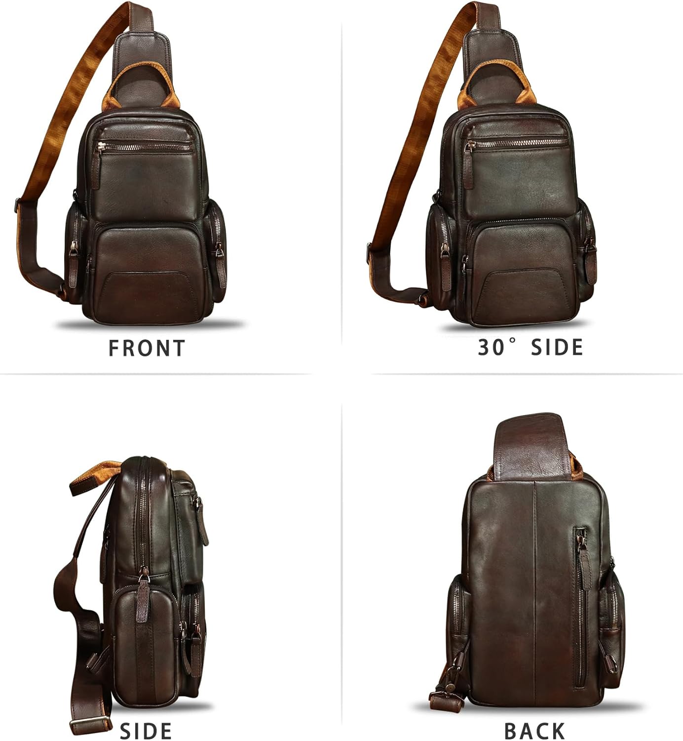 LRTO Genuine Leather Sling Bag for Men and Women Vintage Leather Sling Backpack Purse Chest Bag Over Shoulder Crossbody Bag (Coffee) - Image 4