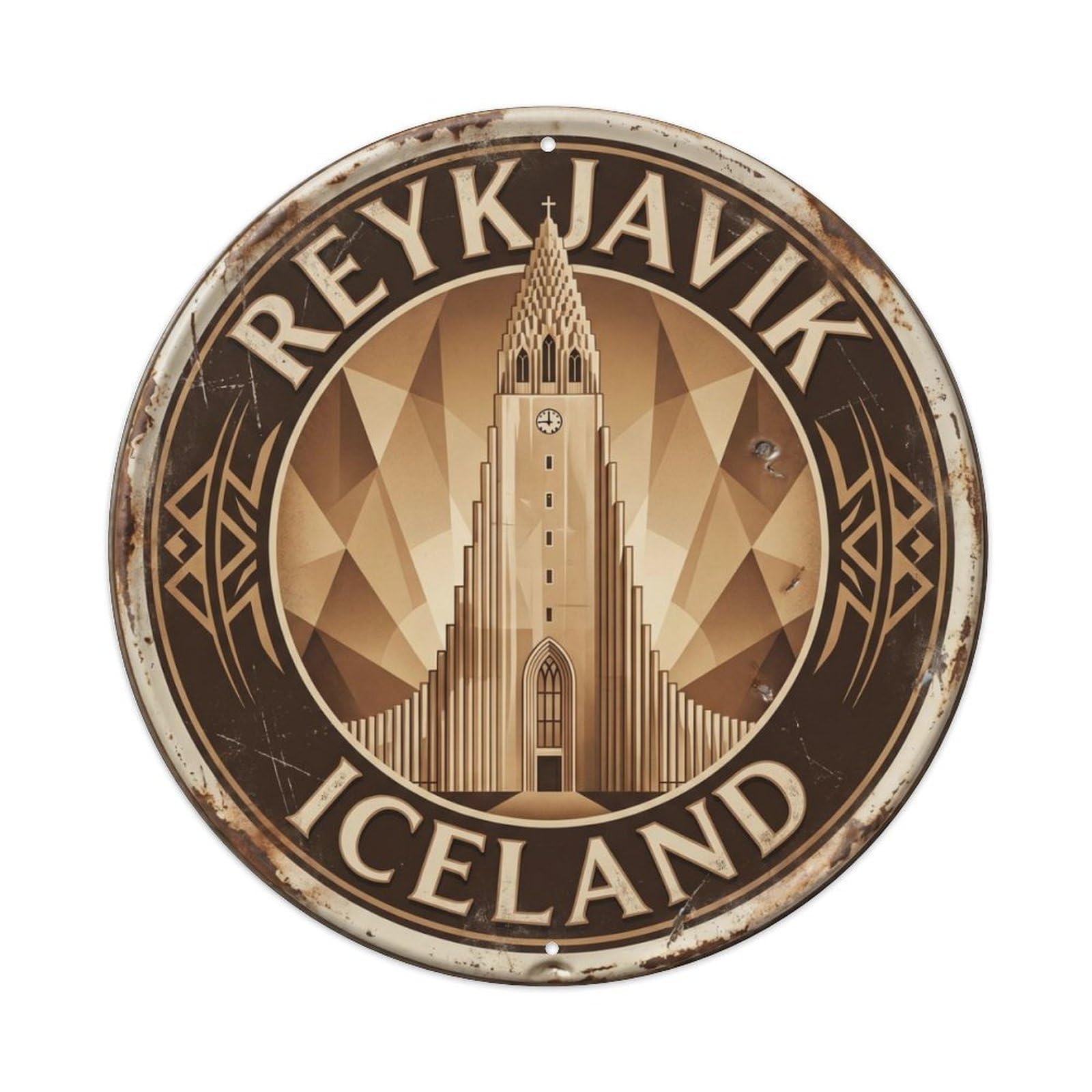 Vintage Travel Hallgrimskirkja Iceland Reykjavik Metal Tin Sign Plaque Wall Decor for Cafe, Club Bar, Office, Home Garden Round Metal Poster 8x8Inch