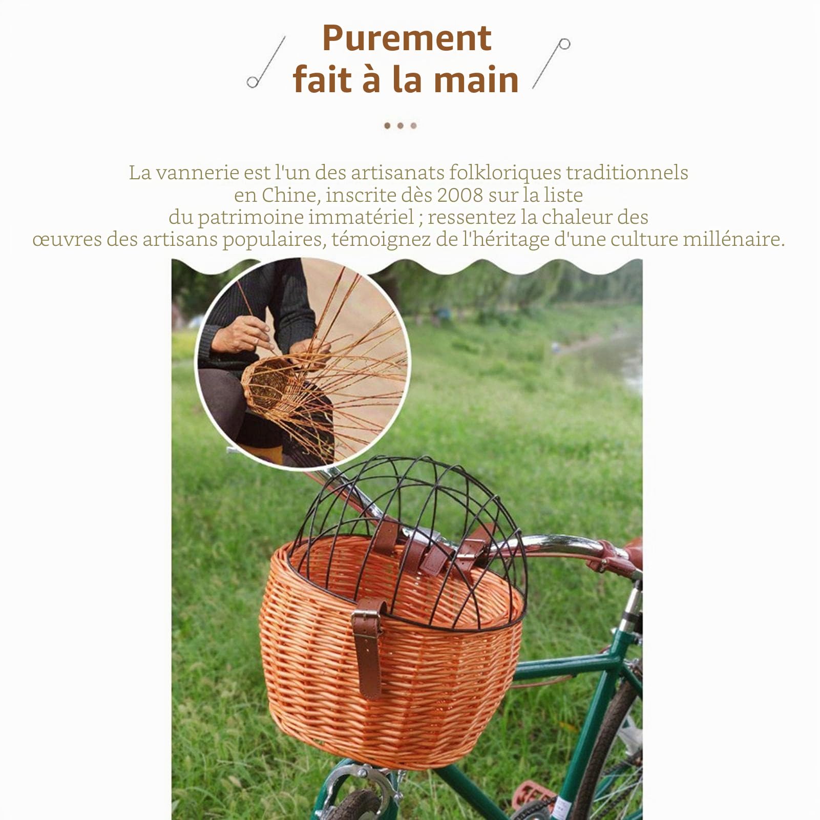 Panier de Vélo Avant Osier Naturel pour Animaux de Compagnie 30 x 25 cm