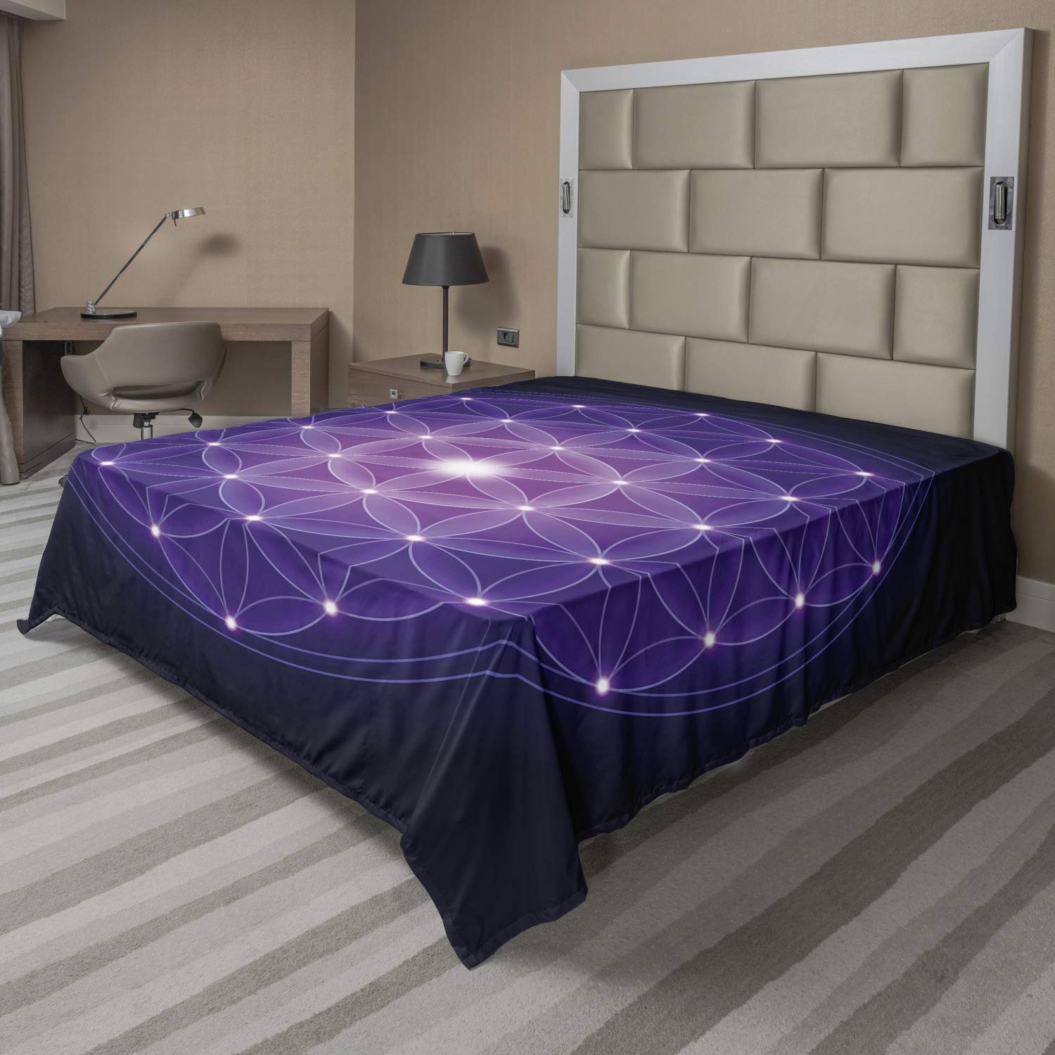 Ambesonne Dark Blue Flat Sheet, Flower of Life with Stars Geometry Print, Soft Comfortable Top Sheet Decorative Bedding 1 Piece, King Size, Dark Blue Purple