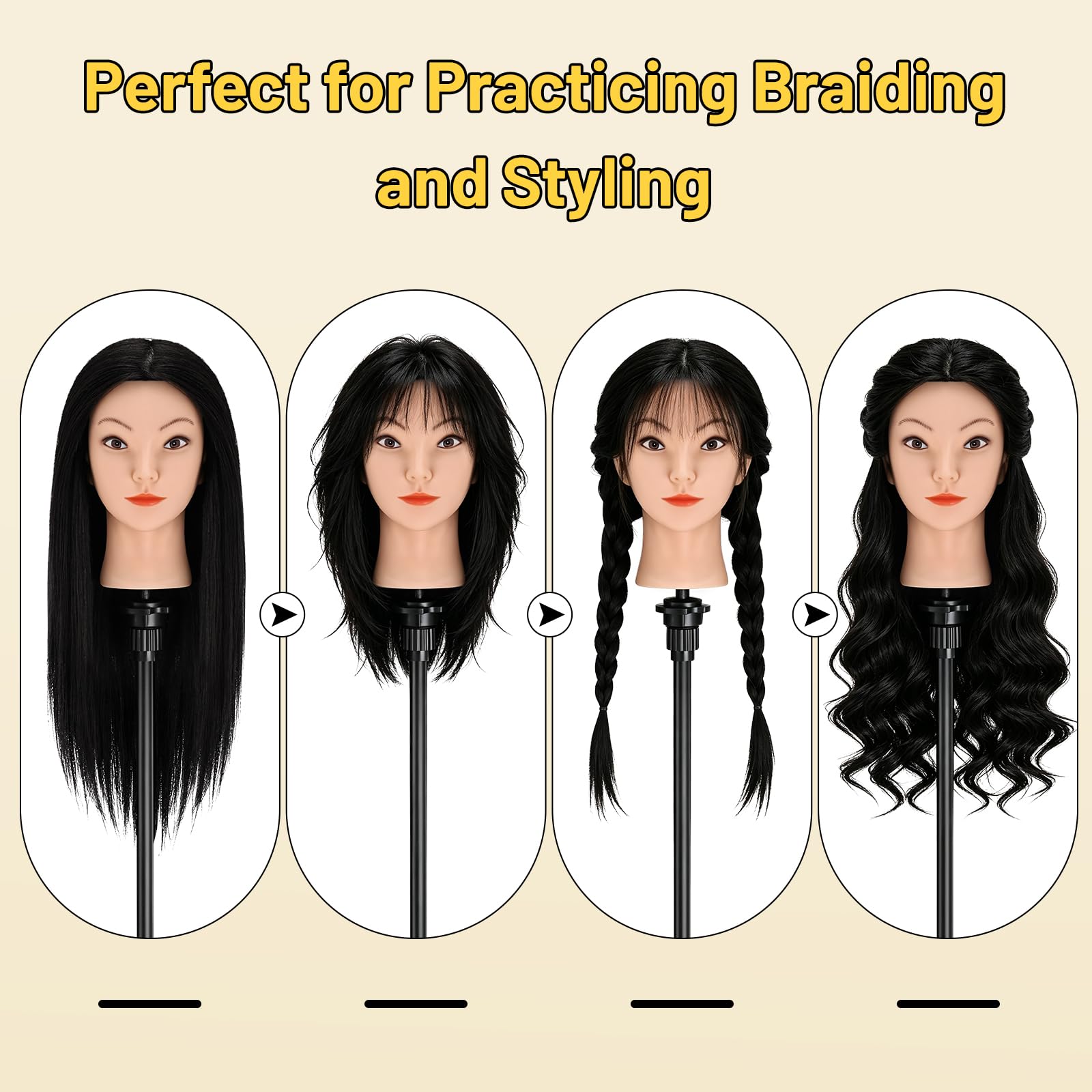 Yofuly Friseur-Trainingskopf, 45,7 cm, 100 % Echthaar, Manikin-Kosmetologie-Puppenkopf zum Flechten & Haarstyling, Übungskopf mit Tischklemme + DIY Zopf-Set (schwarz)