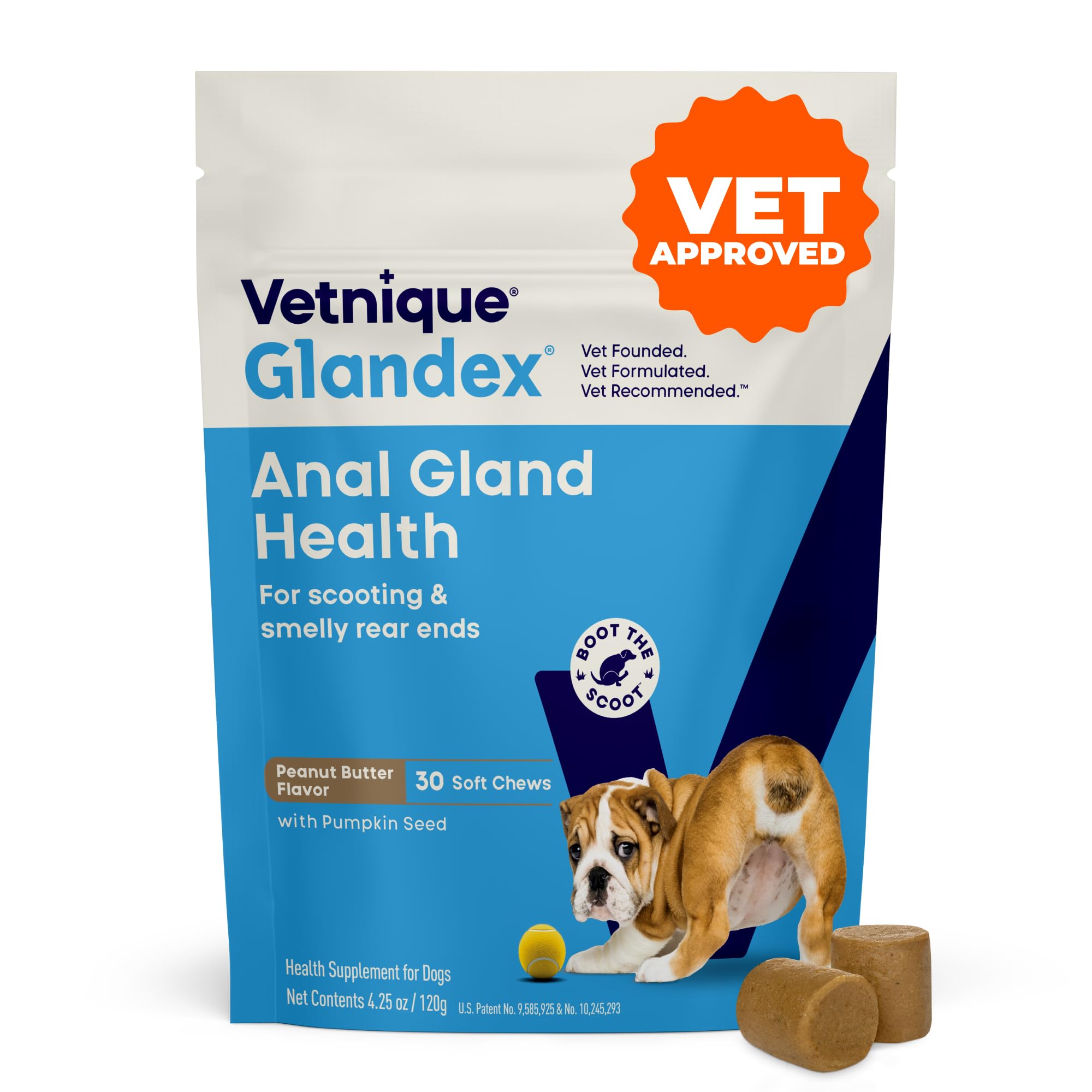Vetnique Glandex for Dogs Anal Gland Chews 30ct, Pumpkin, Digestive Enzymes Peanut Butter 30ct