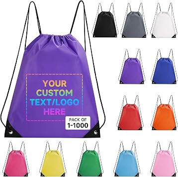 Custom Drawstring Bags With Logo, 100 Pack Personalized Text Drawstring Backpack Bulk Great for Travelling, Gym and for Everyday Use Purple