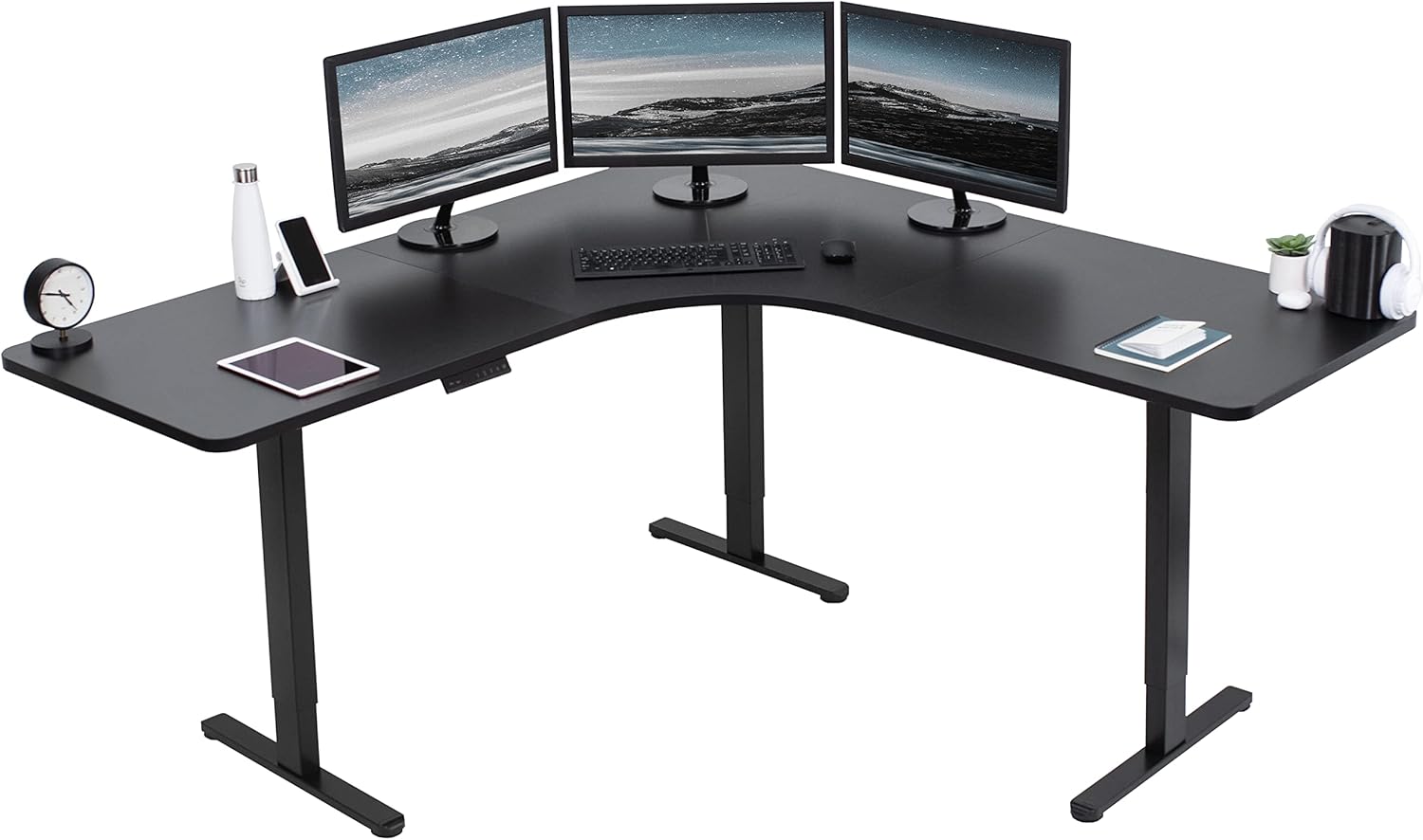 VIVO Electric Height Adjustable 71 x 71 inch Curved Corner Stand Up Desk, Black Table Top, Black Frame, Memory Controller, L-Shaped Workstation, E3C Series, DESK-KIT-E3CB2 - Thumbnail 2
