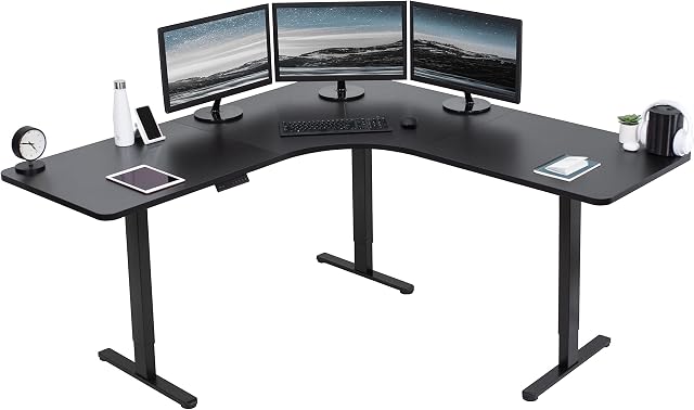 VIVO Black 71 x 71 in Corner Standing Desk, DESK-KIT-E3CB2 | Electric, Triple Motor, Holds 264 lbs, Sit Stand L-Shaped Table, Height Adjustable, Memory Presets, E3C Series, Black Frame
