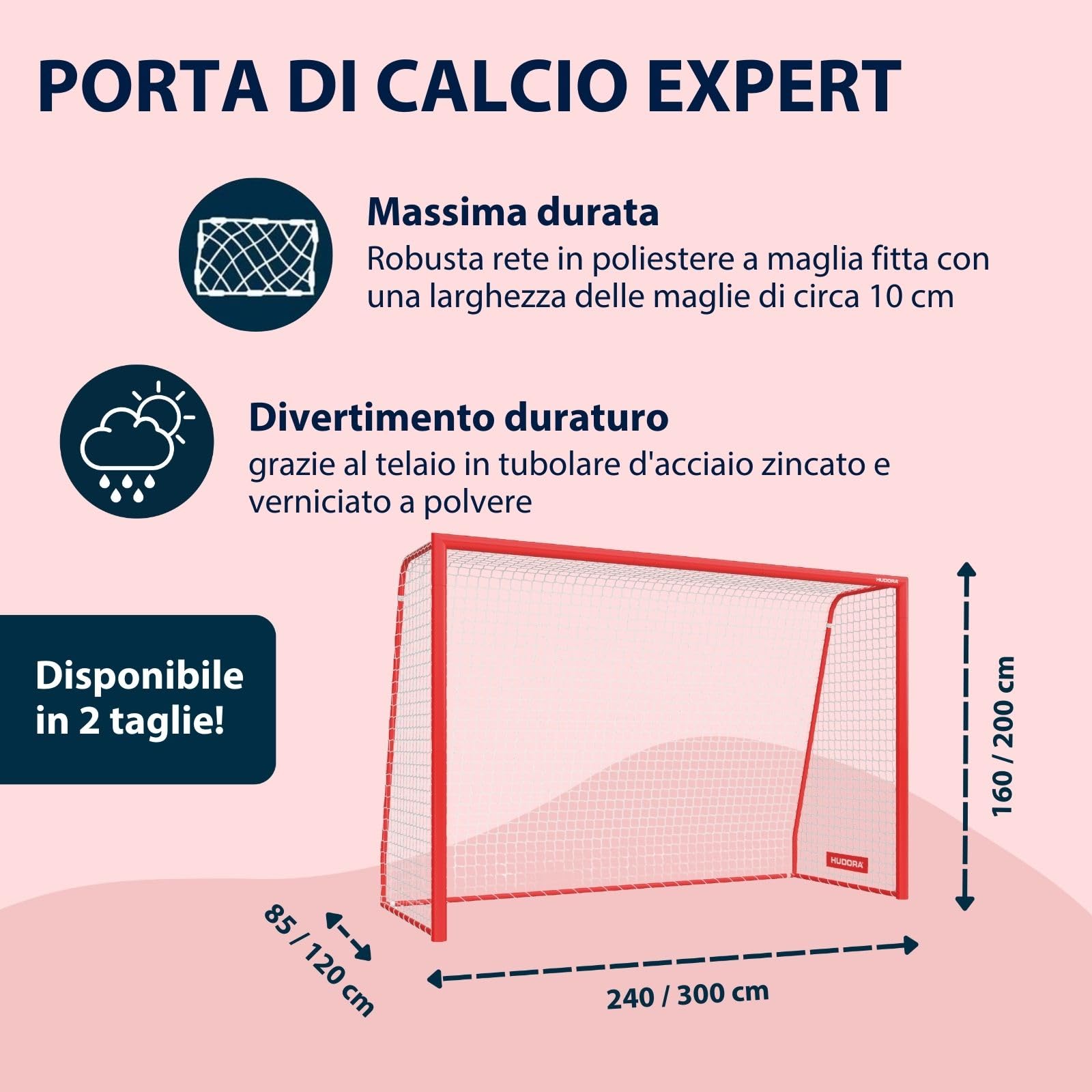 HUDORA Porta da calcio Expert – grande porta da calcio per bambini e adulti – resistente alle intemperie e stabile con rete a maglie strette – parete di alta qualità per il tempo libero e