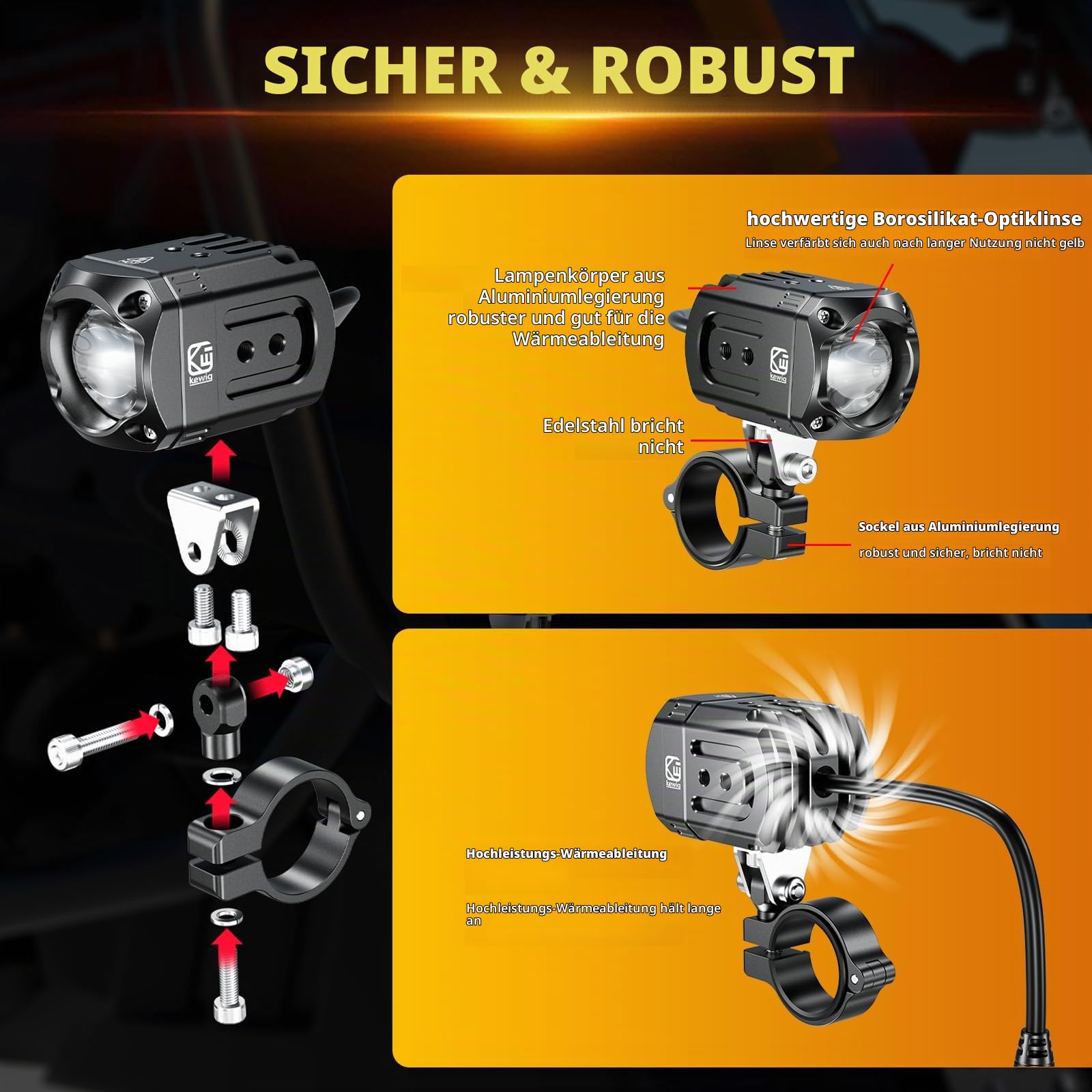 Kewig Motorrad LED Zusatz Licht 60W Bernstein/Gelb Weiß Zweifarbige Zusatzscheinwerfer, Nebelscheinwerfer mit Kabelbaum, Offroad-Arbeitsscheinwerfer, kompatibel mit Motorrad J-eep, SUV(Black)