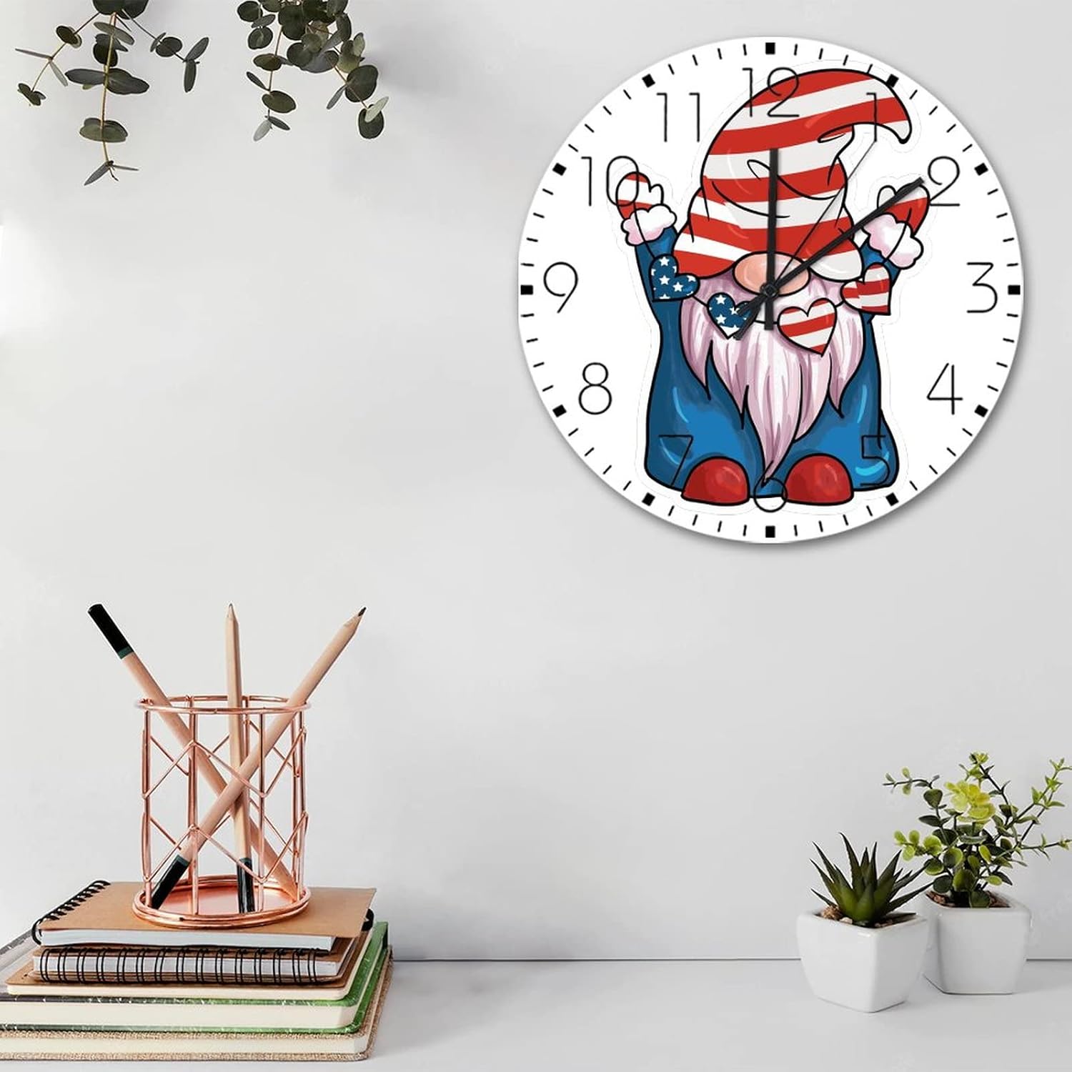 15 Inch Silent Wall Clock 4th of July Gnomes with Heart Decorations Home Decor for Kitchen Rustic Patriotic Wall Clocks Round Wooden Wall Clock Vintage for Gym Study Room