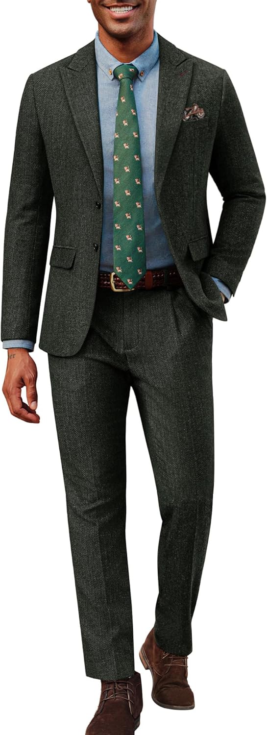 PJ PAUL JONES Mens 2 Piece Suit Vintage Herringbone Tweed Suits 2 Button Peak Lapel Blazer Pants Set