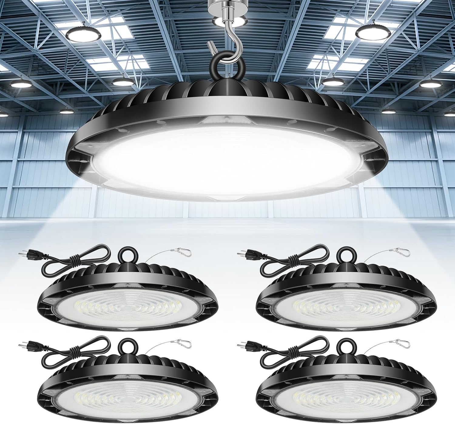 GKOLED 200W UFO LED High Bay Light, Aluminum High Bay LED Shop Lights, 27600LM 5000K 120V, 5.2 FT Cable with US Plug and Safety Rope, for Warehouse Garage Workshop Factory Barn, 4 Pack
