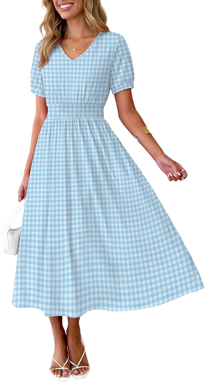OFEEFAN Maxi Dresses for Women V Neck Ladies Midi Long Dress A Line Smocked Waisted Casual Summer Spring Clothes Boho Beach thumbnail