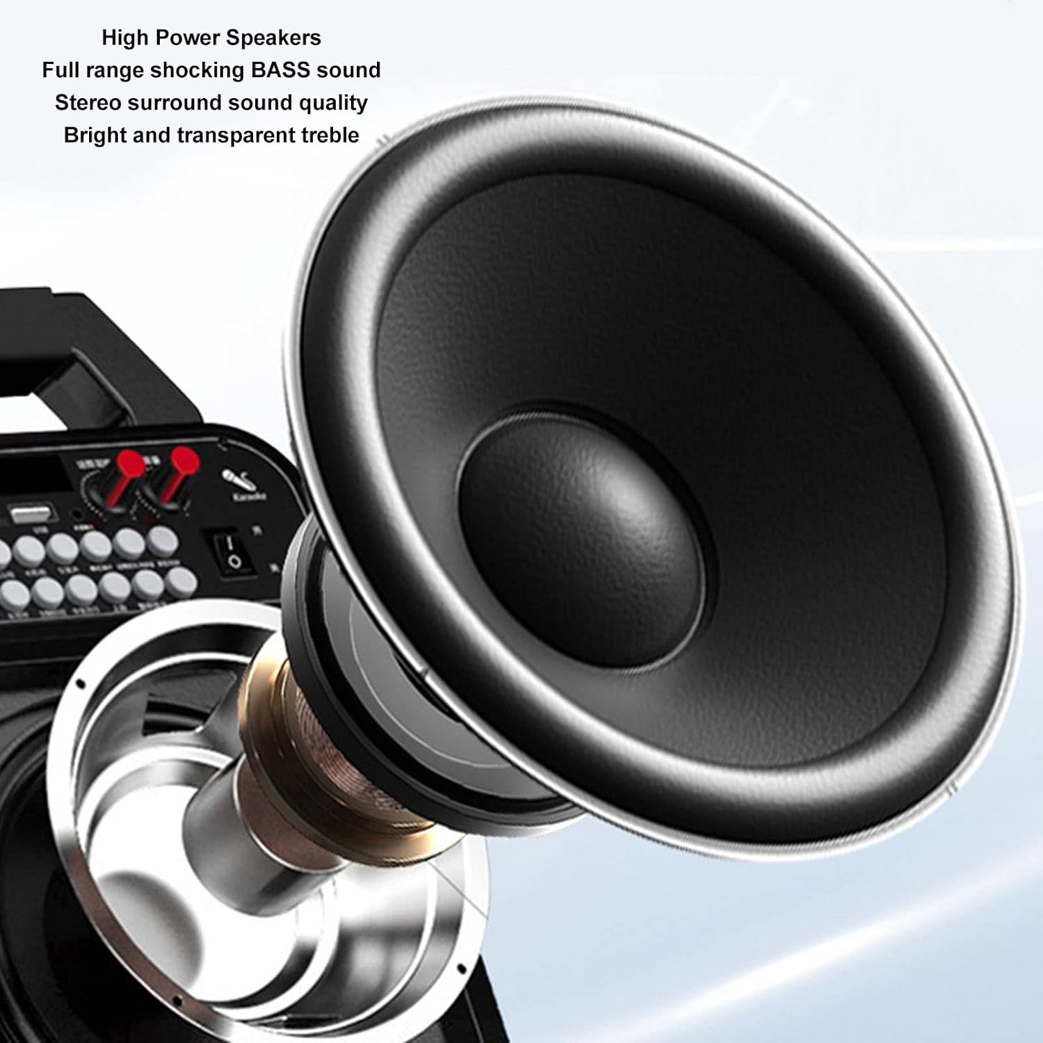 Close-up of a large speaker cone, illustrating the high-power audio capabilities of the Acogedor HRD-787 radio.