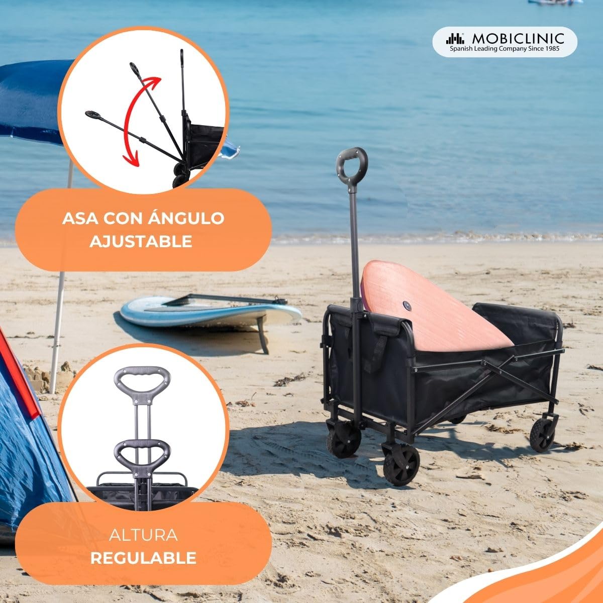 Mobiclinic®, Carrello da trasporto pieghevole, Per la spiaggia e il giardino, Manico regolabile, Ruote fuoristrada 360º, Impermeabile, Acciaio, PVC, Nero (71x47x50cm)
