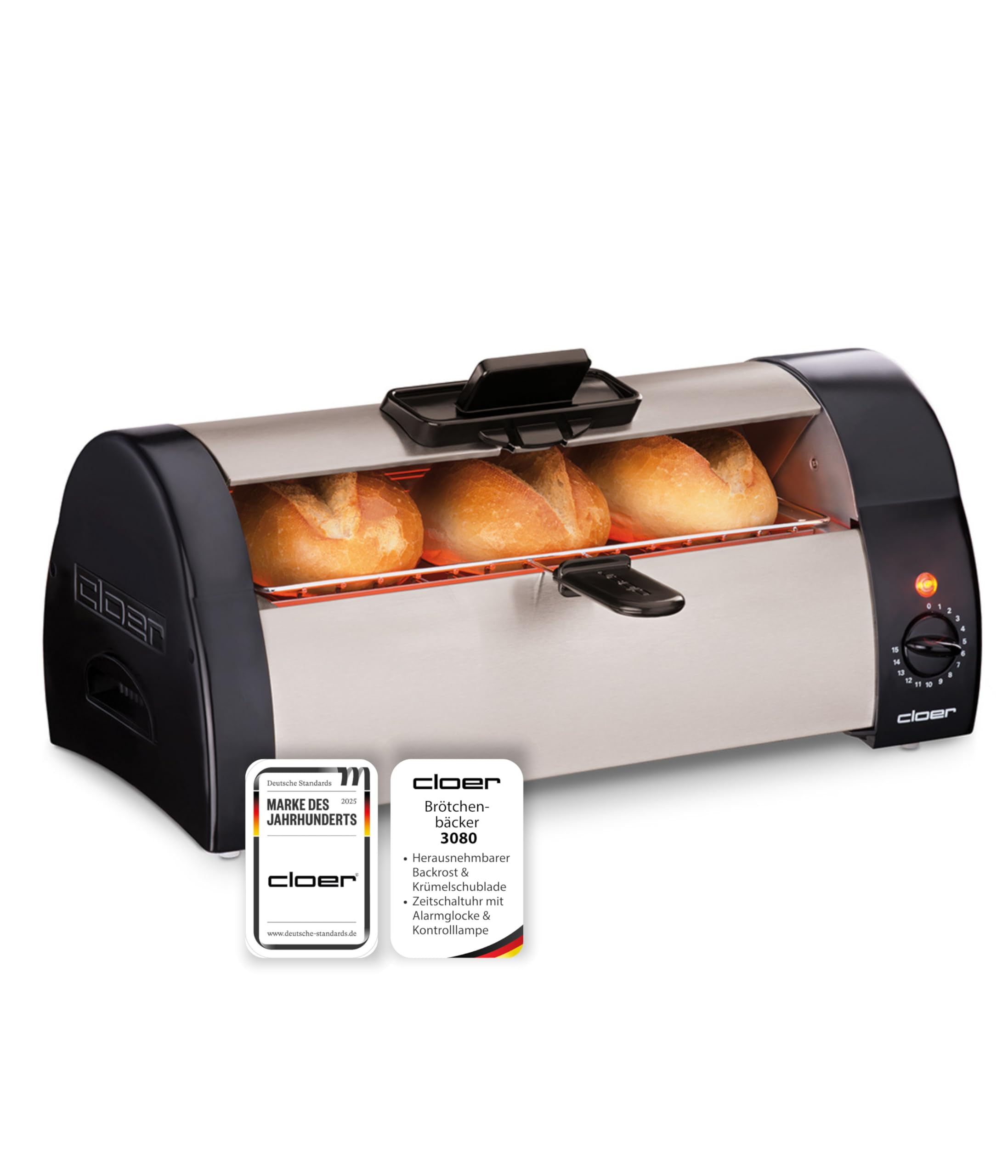 Cloer 3080 Brötchenbäcker zum Aufbacken von Brötchen, Kuchen oder Hefeteilchen 570 W, mattiertes Edelstahlgehäuse