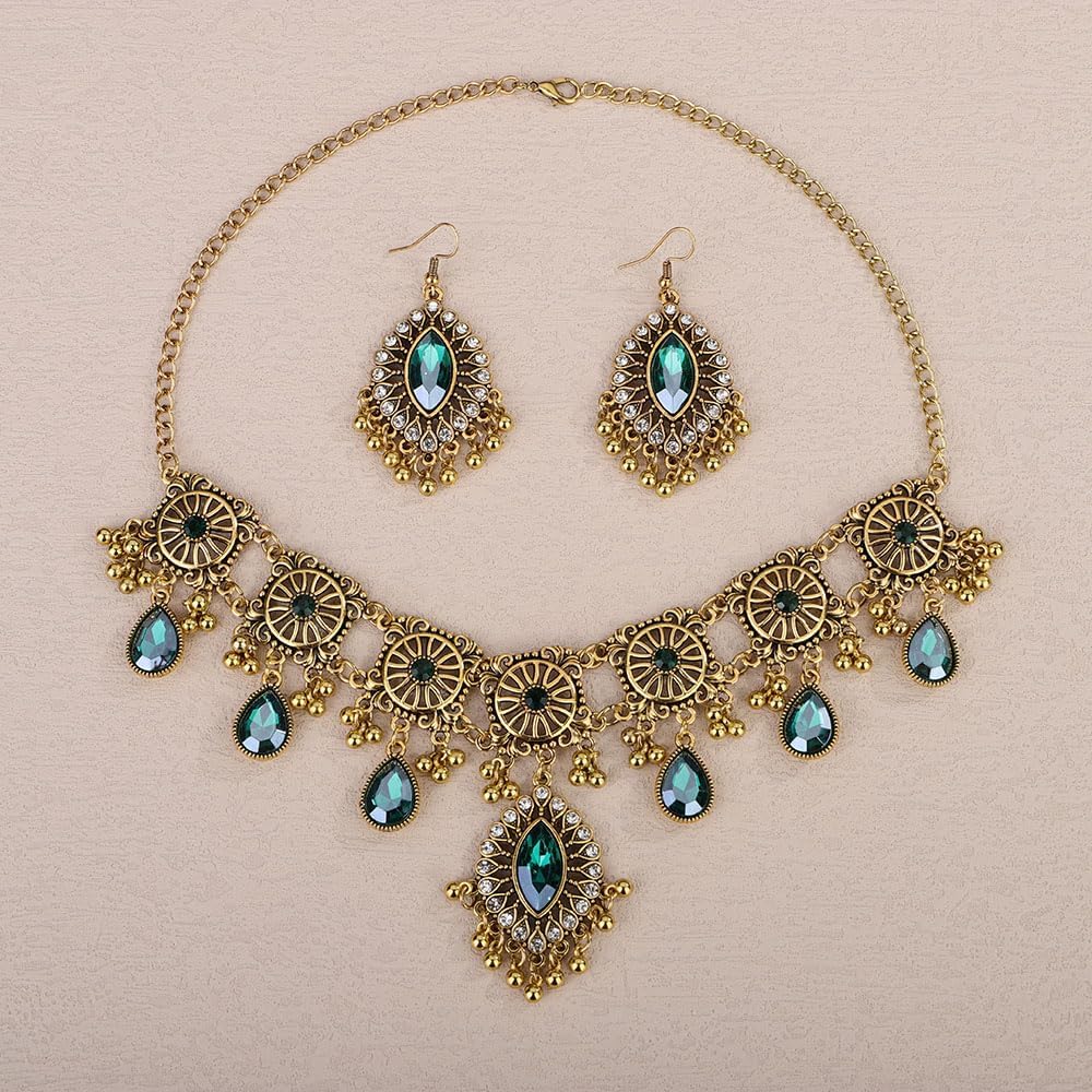 Chargances 3pcs Indian Wedding Bridal Traditional Jewelry Set Ethnic Crystal Necklace Earrings Bollywood Beaded Dangle Earring for Women Brides - Image 3