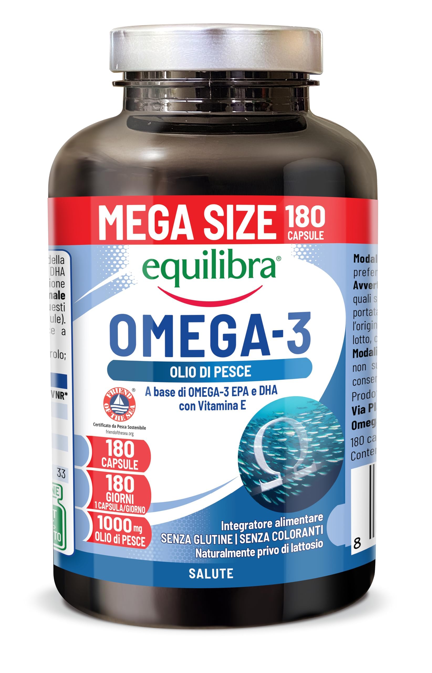 Equilibra Omega 3, Olio di Pesce 2000mg, EPA 582mg e DHA 388mg per Dose max, Scorta 6 mesi, 180 capsule, Normale Funzione Cardiaca, Funzionalità Cerebrale e Capacità Visiva, Senza Glutine e Lattosio