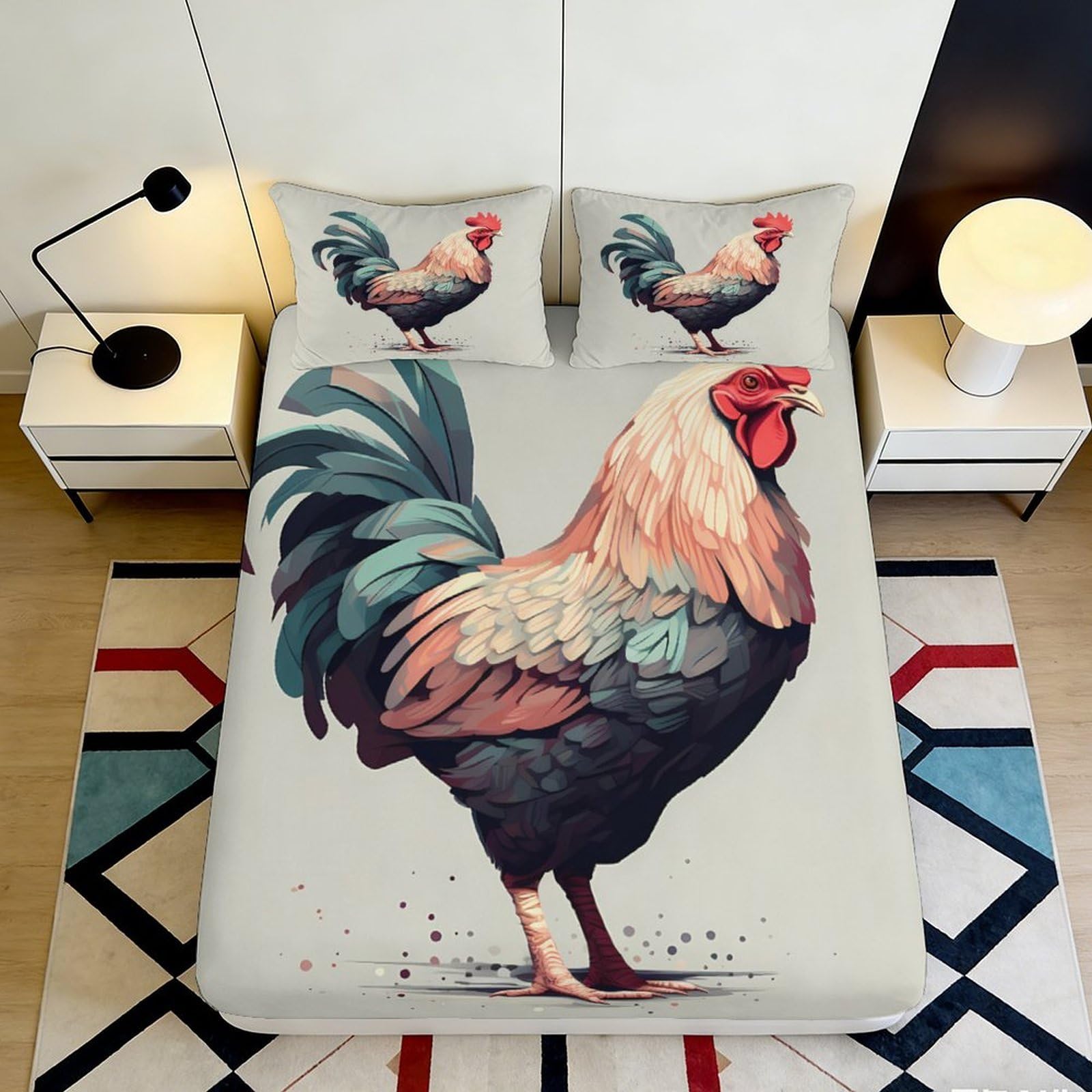 Decorative Rooster Fitted Sheet, 3D Printed, Microfiber, Soft Touch, Bed Sheet, Home Bedroom Decor, Guest Room Bedding, Wrinkle Resistant, Easy Care, Stylish Accent, 100x200cm 90x200x25cm