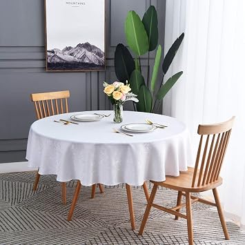 maxmill Jacquard Round Table Cloth Damask Design Waterproof Antiwrinkle Heavy Weight Soft Tablecloths for Circular Table Cover and Kitchen Dinning Tabletop Round 70 Inch White