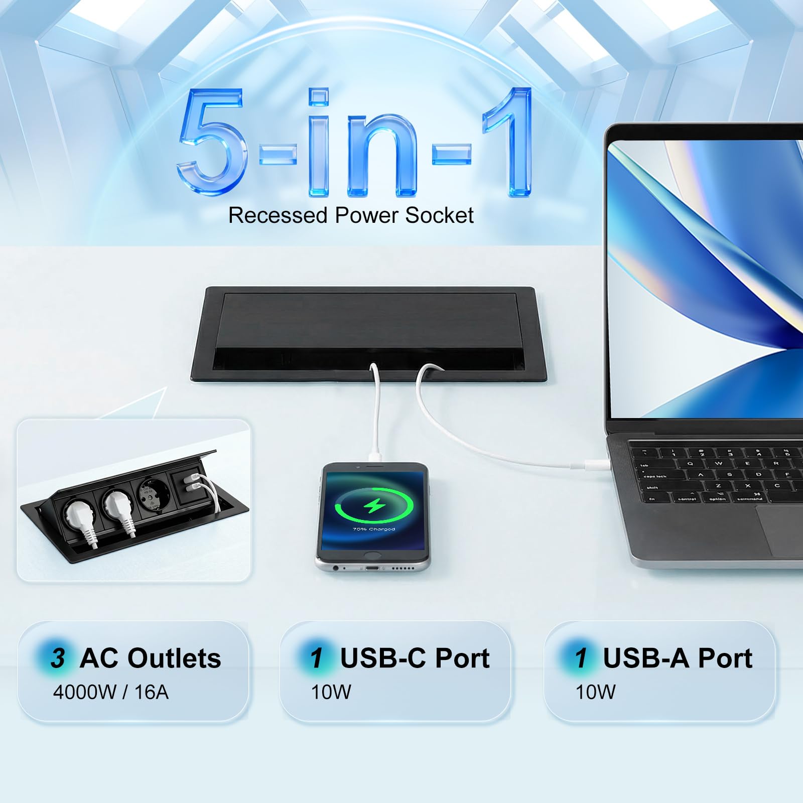 Presa Scomparsa 3 Prese, 1 USB-C 1 USB-A, Multipresa da Tavolo Alluminio, Multipresa Scomparsa Incasso Tavolo, Cavo di Alimentazione 2m, 20W USB, per Ufficio, Sala Giochi, Sale Riunioni, Cucina 2500W