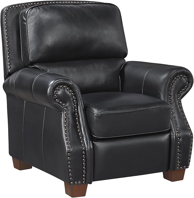 Sillón reclinable de cuero negro con patas de madera miniatura 11