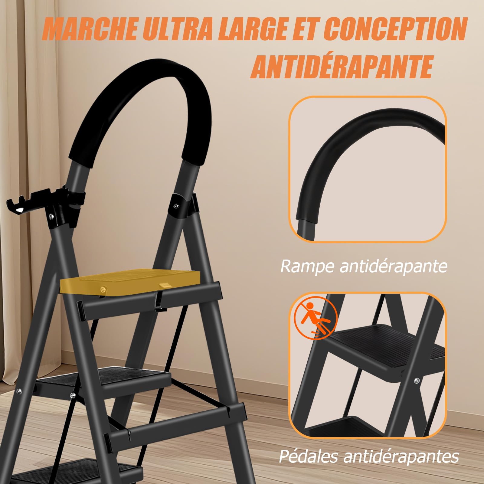 Escabeau Pliable 5 Marches avec Plateau à Outils et Mains Courantes, pour Maison Cuisine Garde-Manger Placards Bureau, Échelle Marche Pied Pliante 5-Level pour Intérieur Extérieur (Noir)