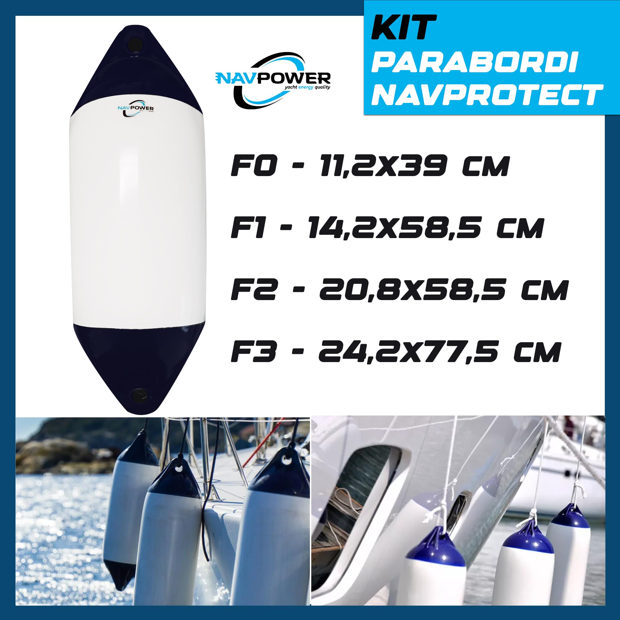 Kit Parabordi per Barca Navpower Navprotect, Set Parabordi Barca F0 F1 F2 F3, Multipack 1/2/4/6 Unit, PVC Marino, Bianco/Blu, Compatibile con Majoni Polyform