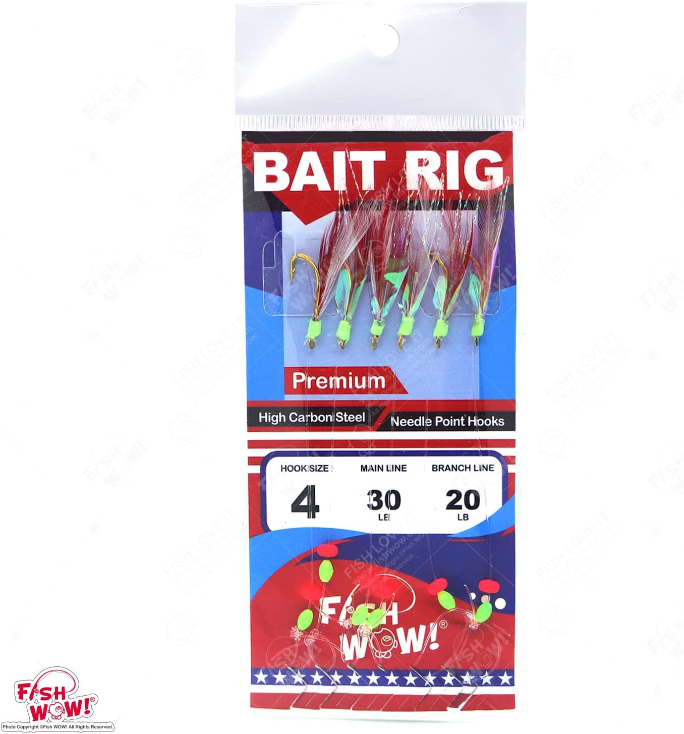 Fish WOW!® 20packs Size 4 Fishing Bait Rigs Red & White Feather rig with 6 Gold high Carbon Steel hooksand Rainbow Mylar Skin Piscatore Lure Saltwater Lures
