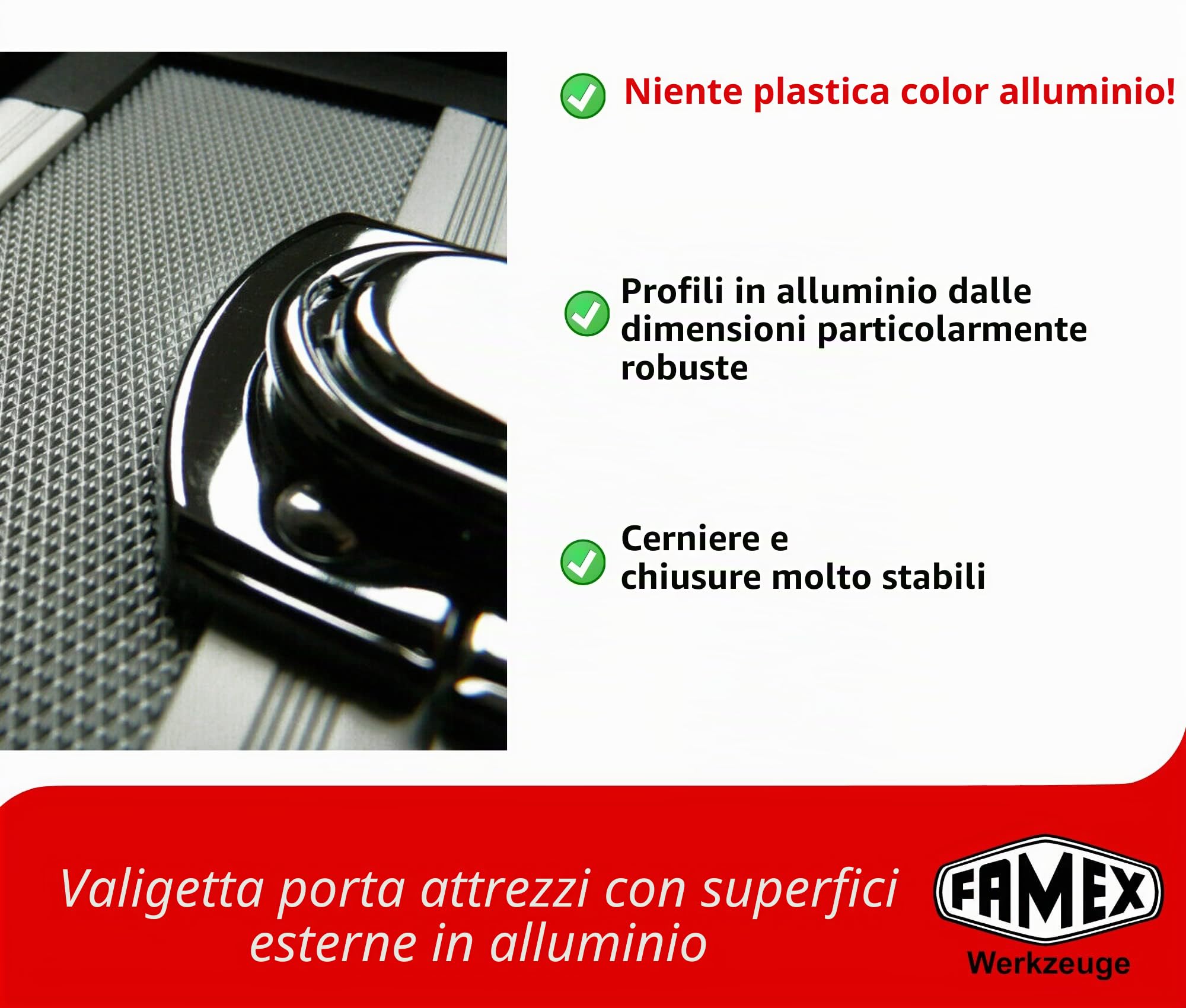 FAMEX Cassetta degli attrezzi in alluminio 420-88, riempita con set di attrezzi di alta qualità, espandibile, per uso commerciale