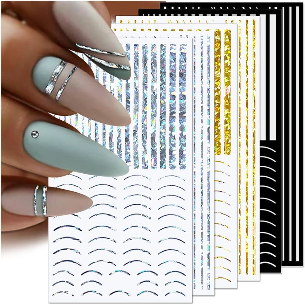 Dornail 12 vellen laserglitterlijnen nagelstickers, zelfklevend, holografische nagelstickers, bronzen strepen, nagelstickers, Franse lijn, bogen, bochten, golflijnen, nagelstickers, nail art, accessoires