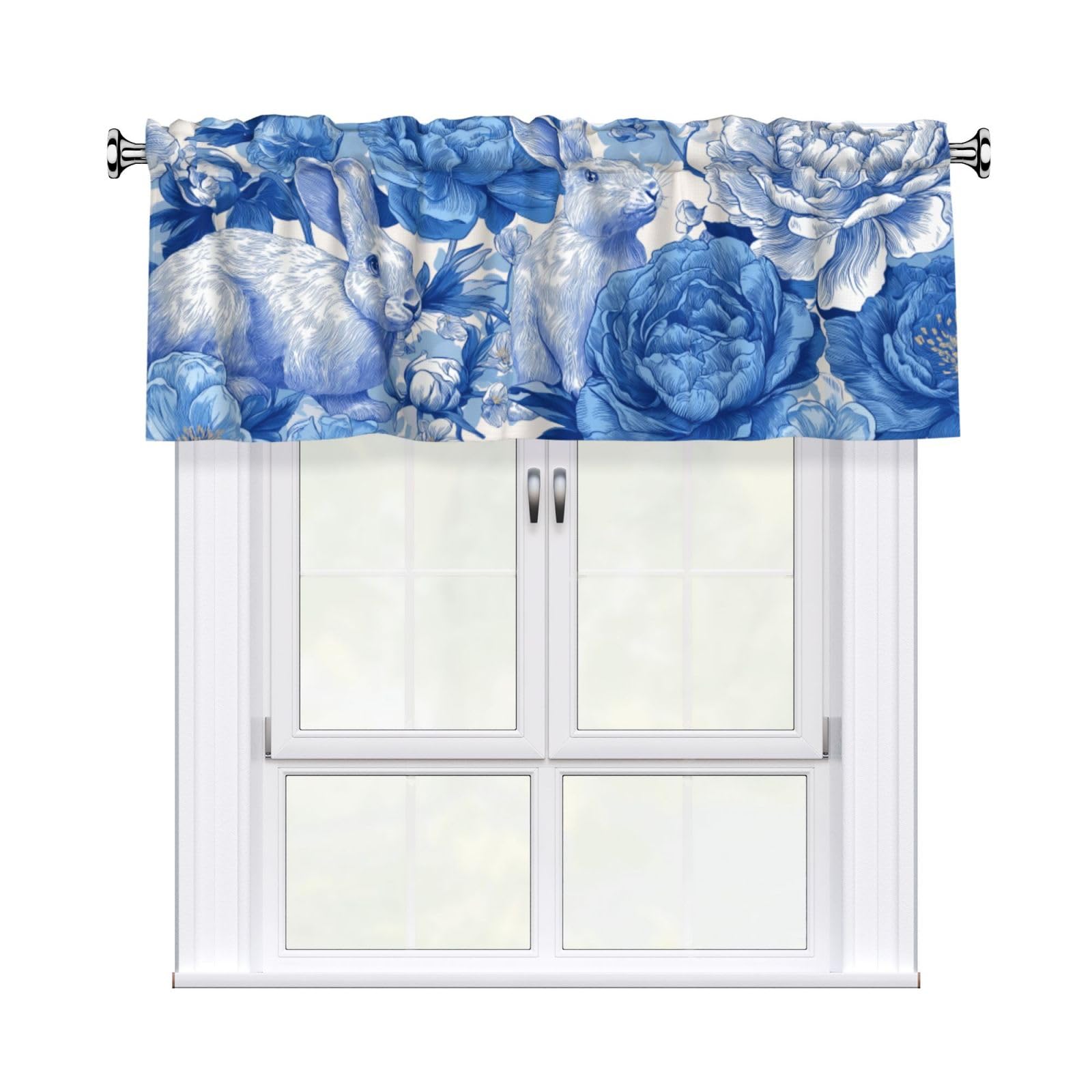 Woshuwo Rabbits And Peonies Blue To White Valances For Windows Rod Pocket Window Treatment Short Curtains For Kitchen Living Room Bedroom Decor 54x18in