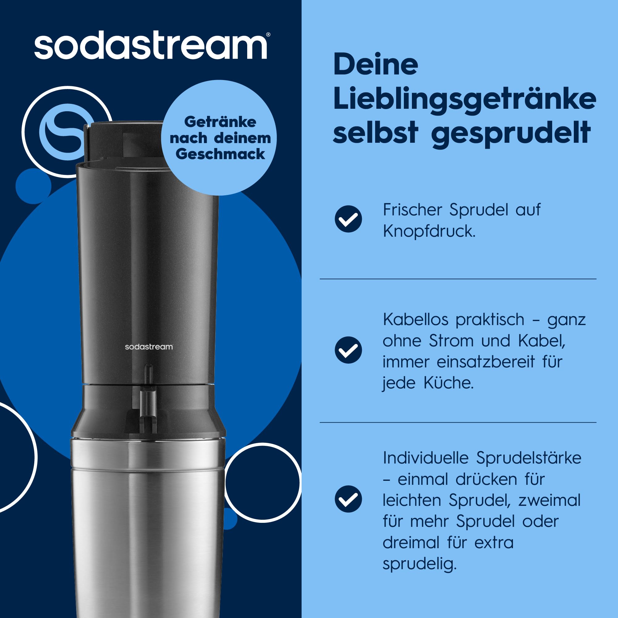 SodaStream Crystal 3.0 Wassersprudler mit Glaskaraffe, Quick-Connect CO2-Zylinder, 2x 0,7 L Glaskaraffen, Grau