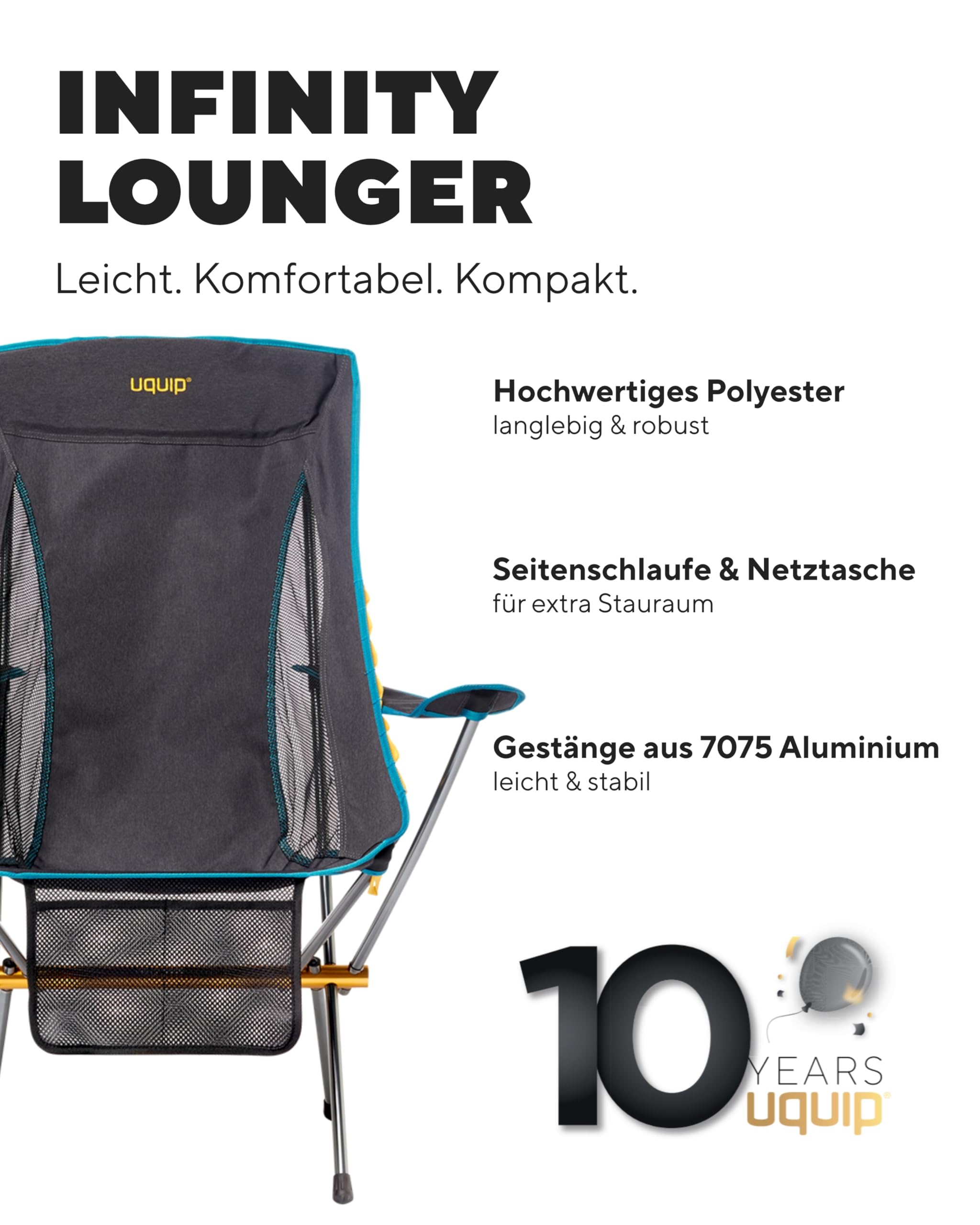 Uquip Campingstuhl Infinity Lounger I Leichter Faltbarer Klappstuhl mit 120 kg Traglast I kompakter Faltstuhl aus Aluminium I tragbarer Outdoor-Stuhl für Camping, Wandern, Radtouren & Festivals