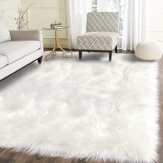 Latepis White Faux Fur Sheepskin Rug 4x6 for Living Room, Fuzzy Rugs Flu...