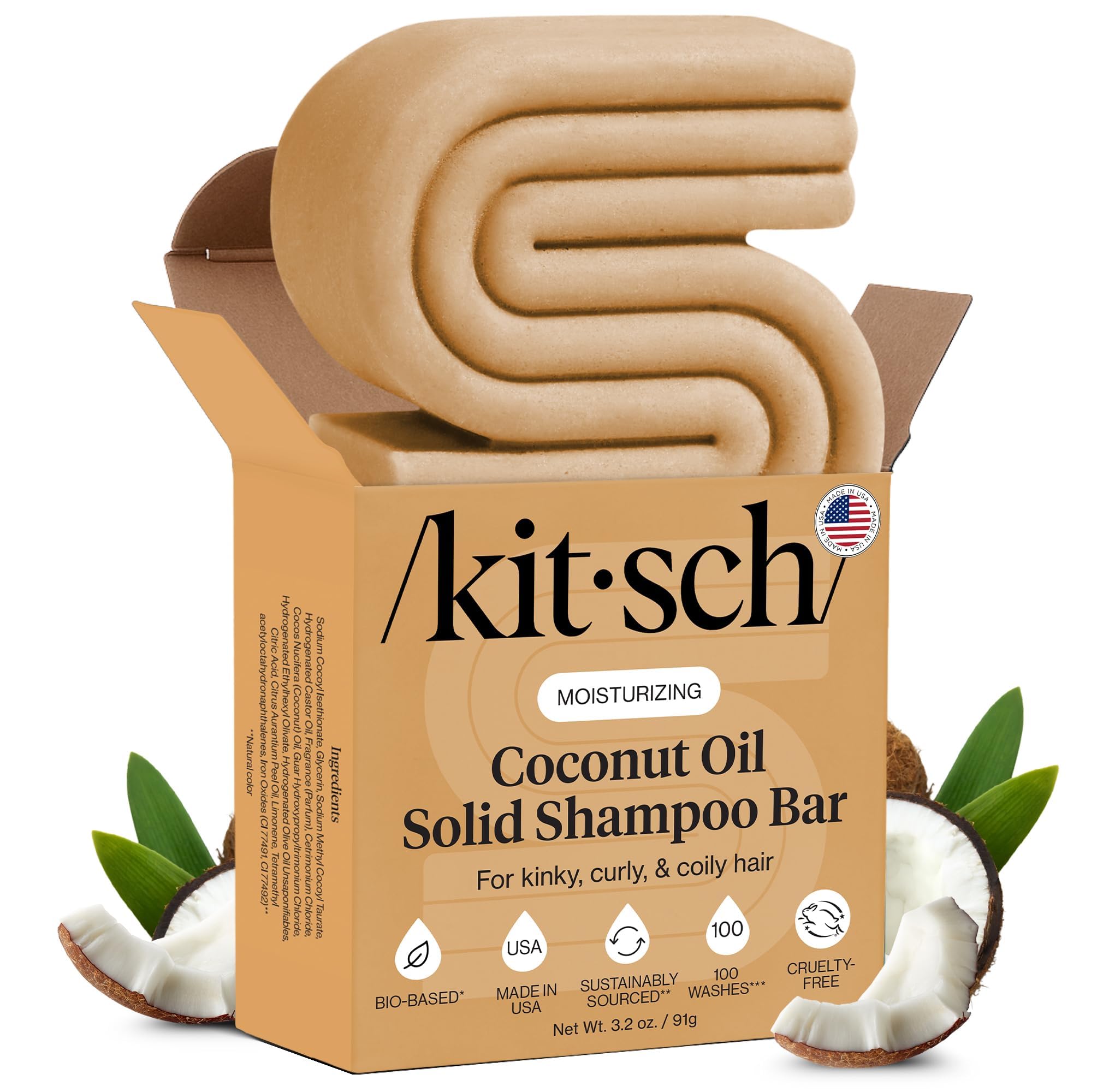 Kitsch Coconut Oil Shampoo Bar 91g - Hydrate & Soften Dry Damaged Hair - Deep Moisturizing Curly Hair Shampoo - Safe Shampoo for Color Treated Hair - Silicone, Paraben & Sulfate Free